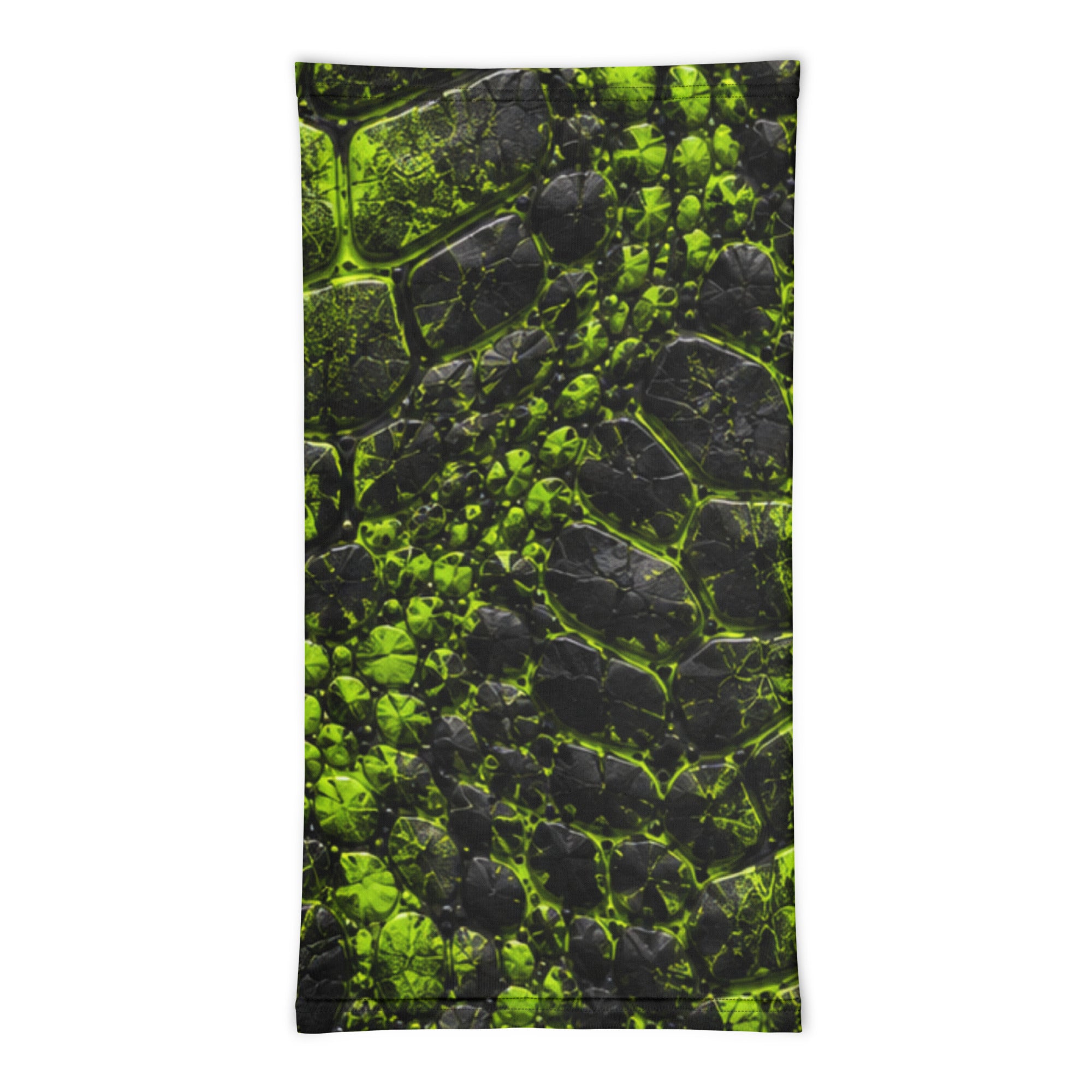 Neon green and black bandana with a cracked, prehistoric-textured print, shown flat.