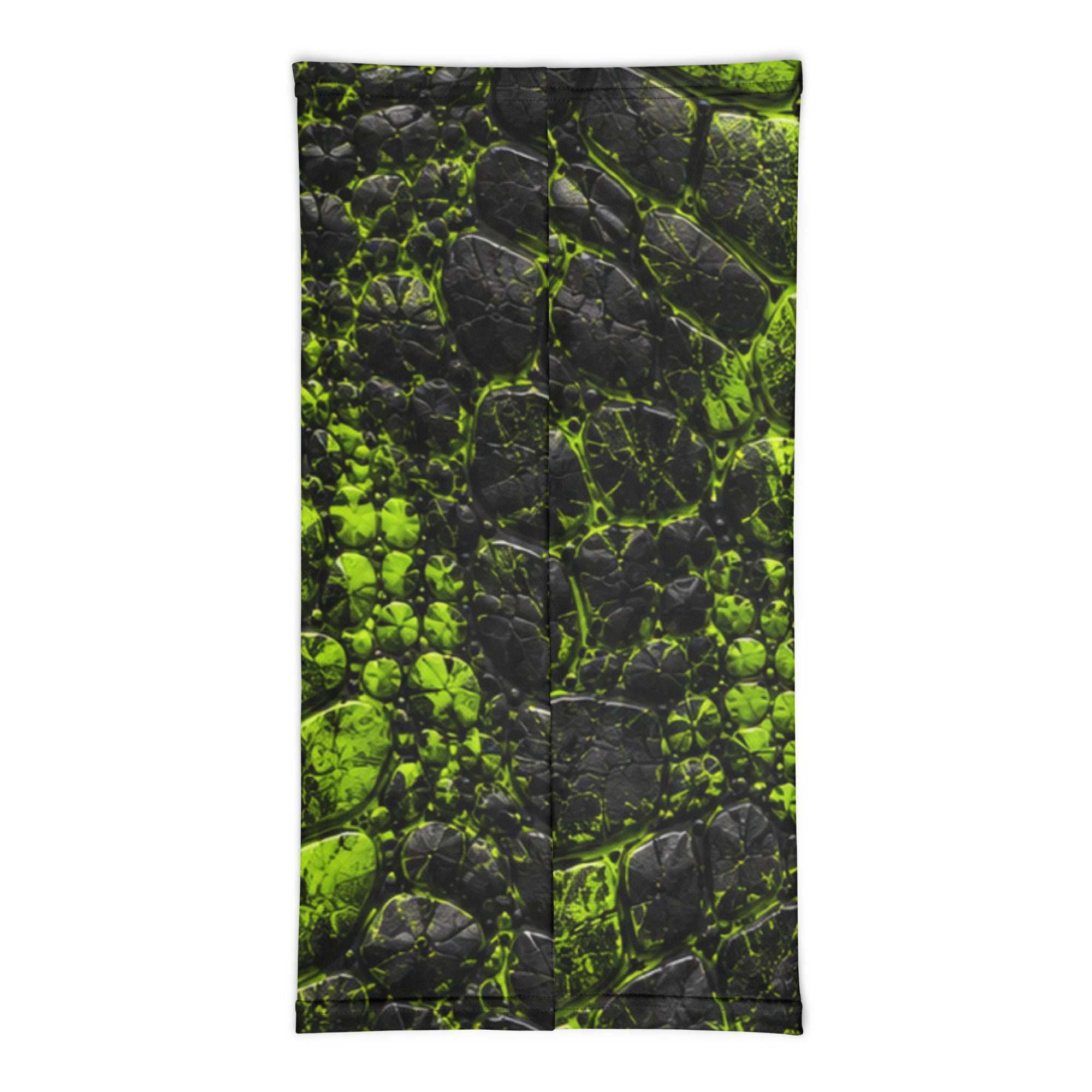 Ravage Dust Mask bandana laid flat, showing black and neon green cracked prehistoric-textured print, folded view.