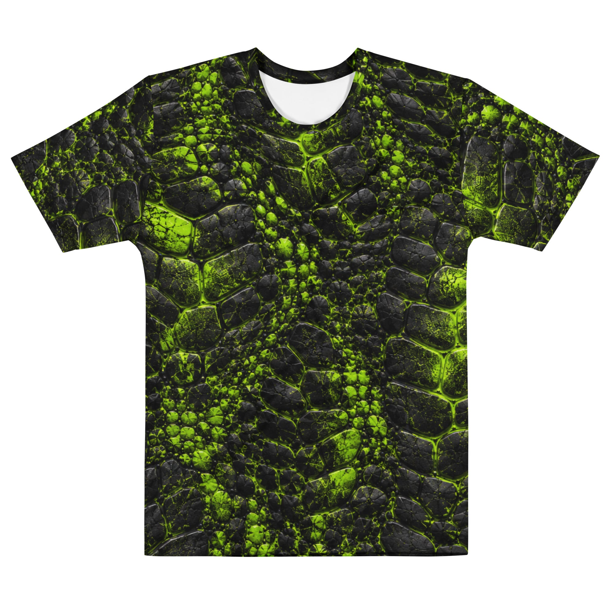Black t-shirt with neon green cracked, prehistoric-textured all-over print and a white interior neckline.
