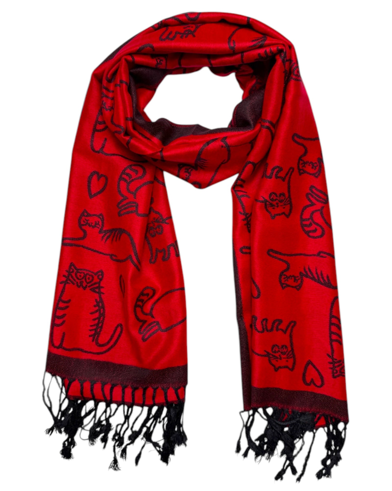 A red pashmina scarf with black cat patterns and fringes on each side, displayed against a white background.