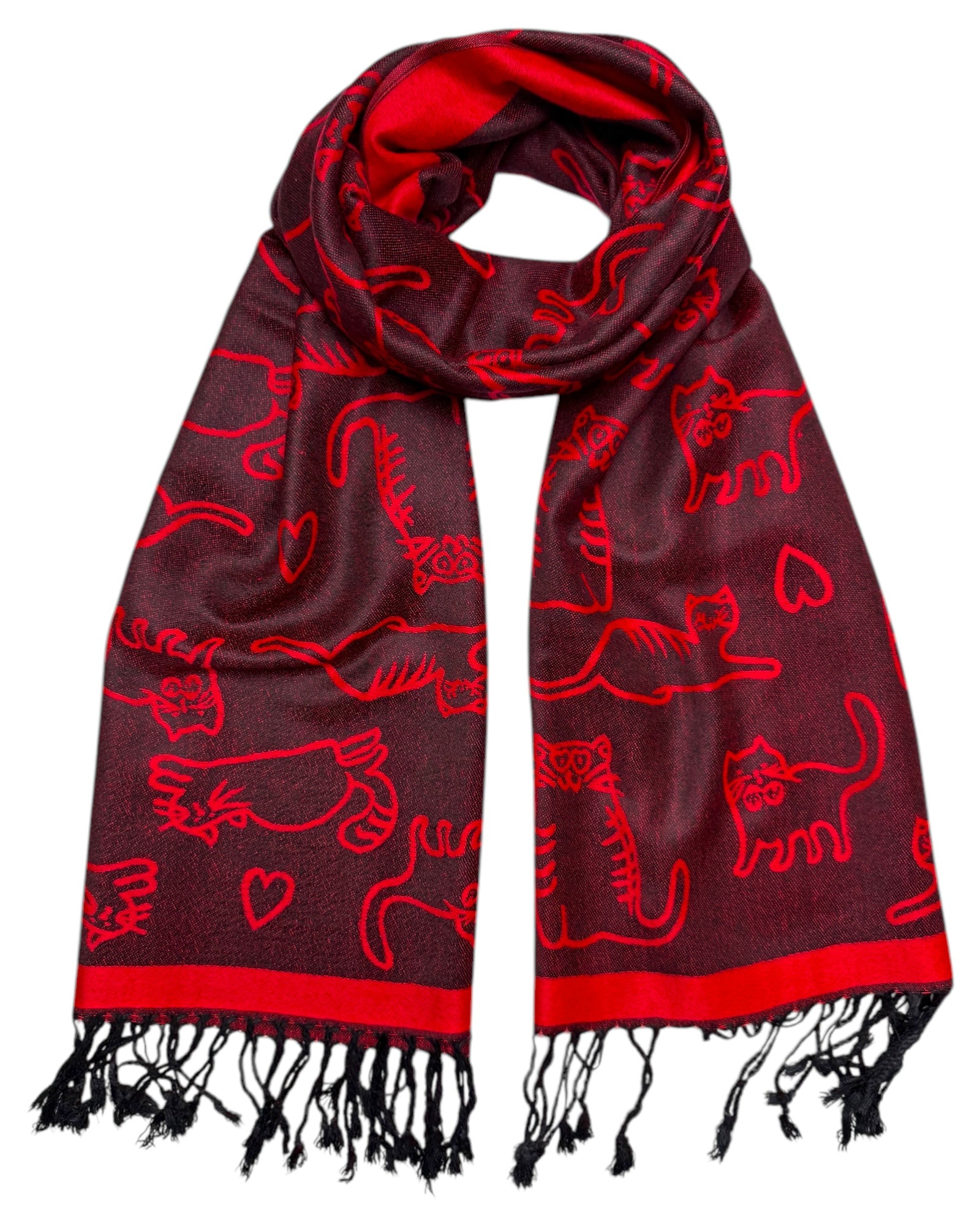 A red and black pashmina scarf with black cat patterns and fringes on each side, displayed against a white background.