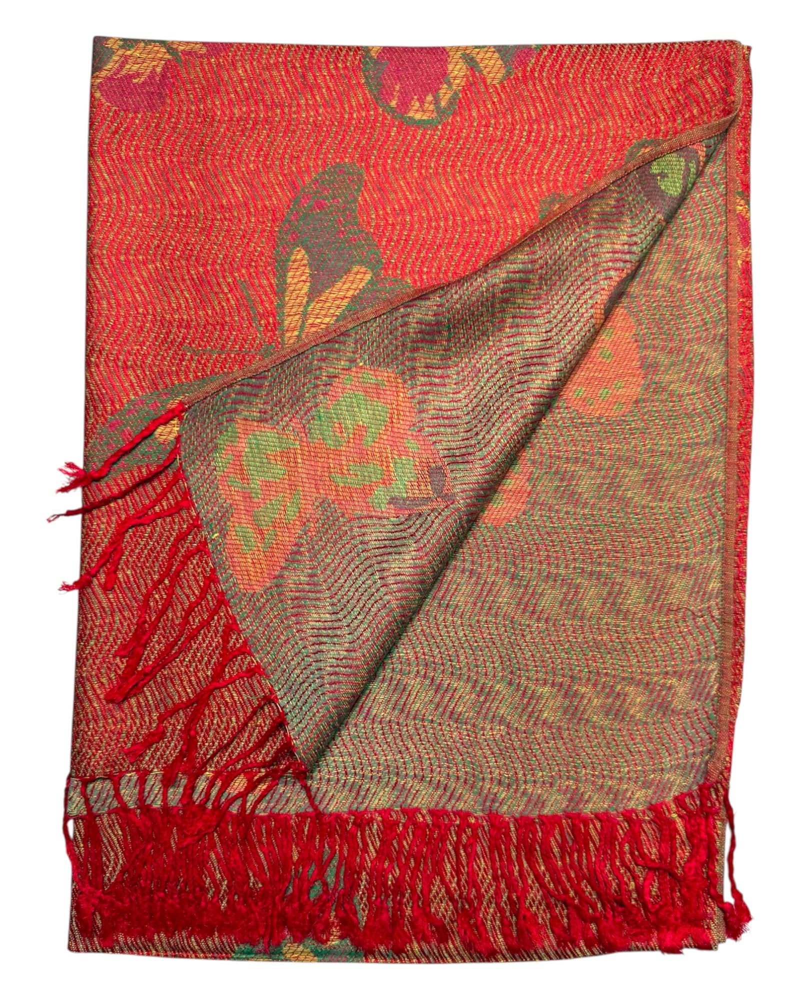 Red and brown reversible patterned pashimina scarf with butterfly design on a white background