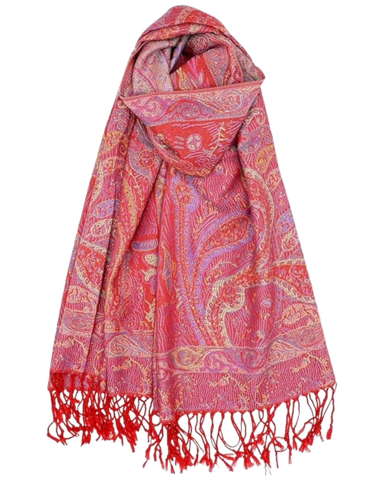 A red pashmina with paisley patterns and fringes displayed on a white background.