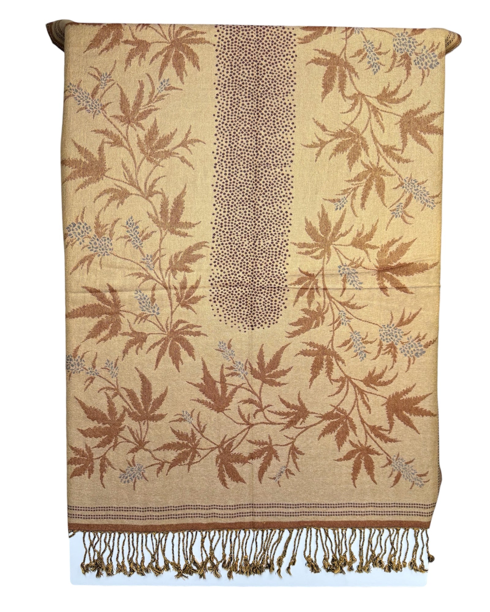 Beige pashmina with brown leaf patterns and fringe on a white background