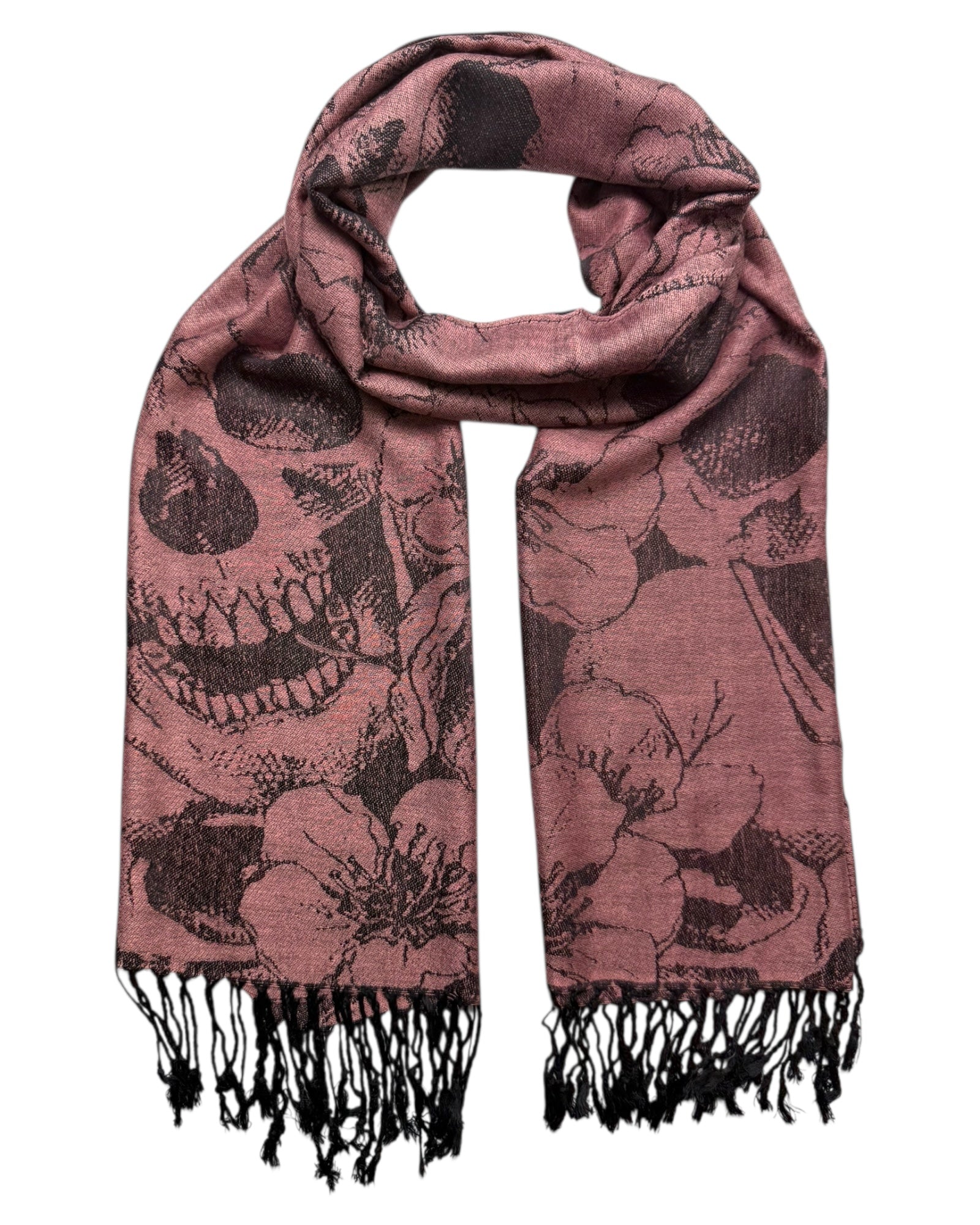 Skull patterned scarf with black fringes on a white background
