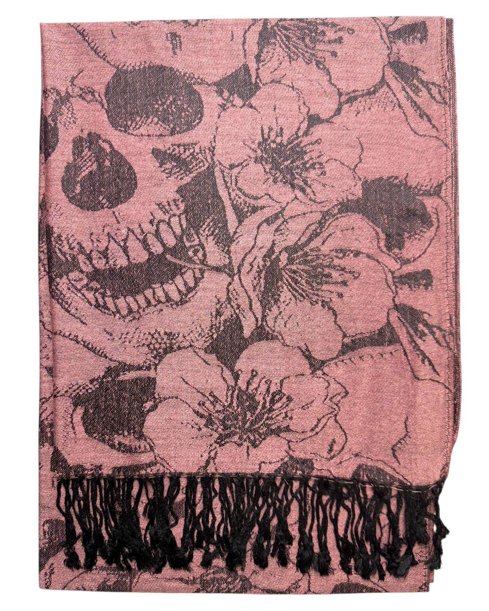 Rose Gold Pashmina with black skull pattern and black tassels