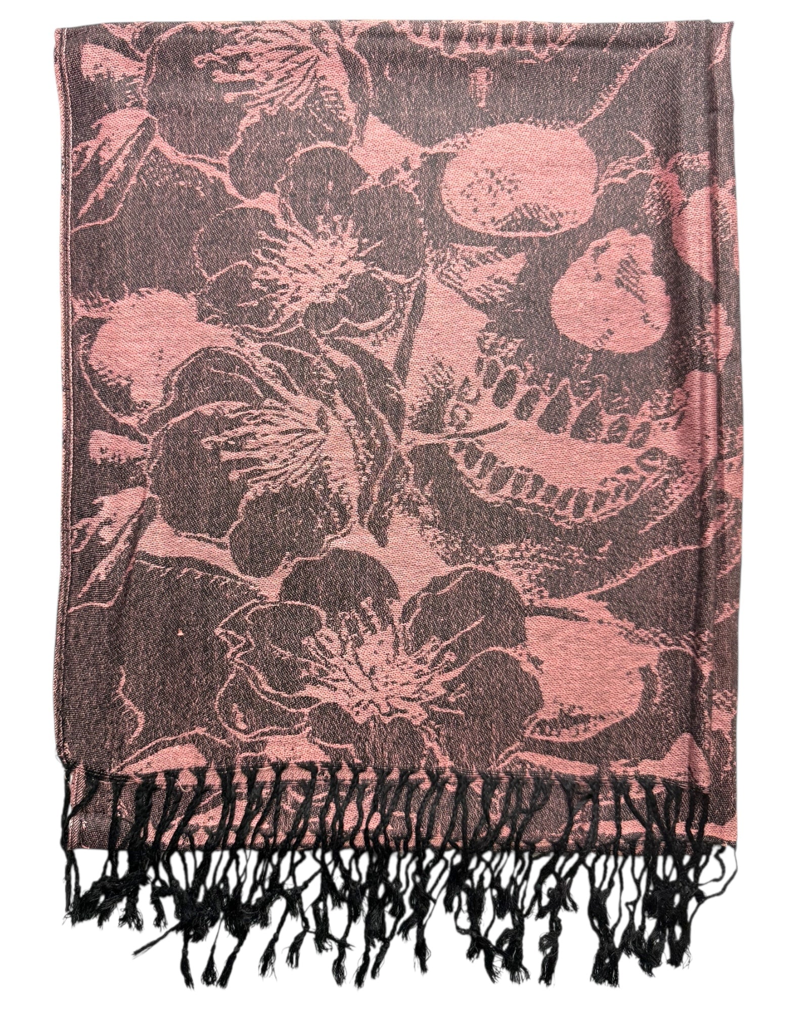 Skull patterned scarf with black fringe on a white background