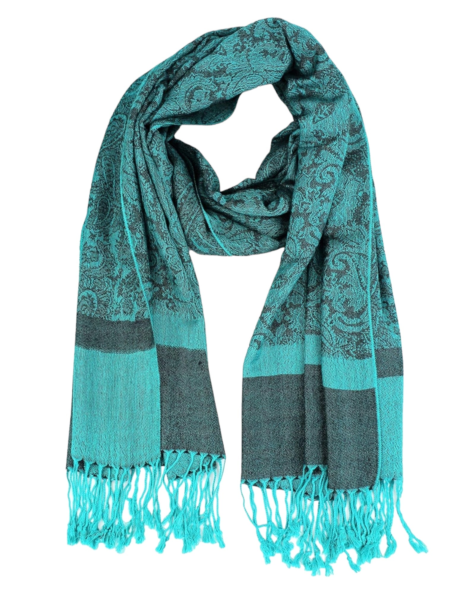 A seafoam green pashmina with paisley patterns and fringes displayed on a white background.