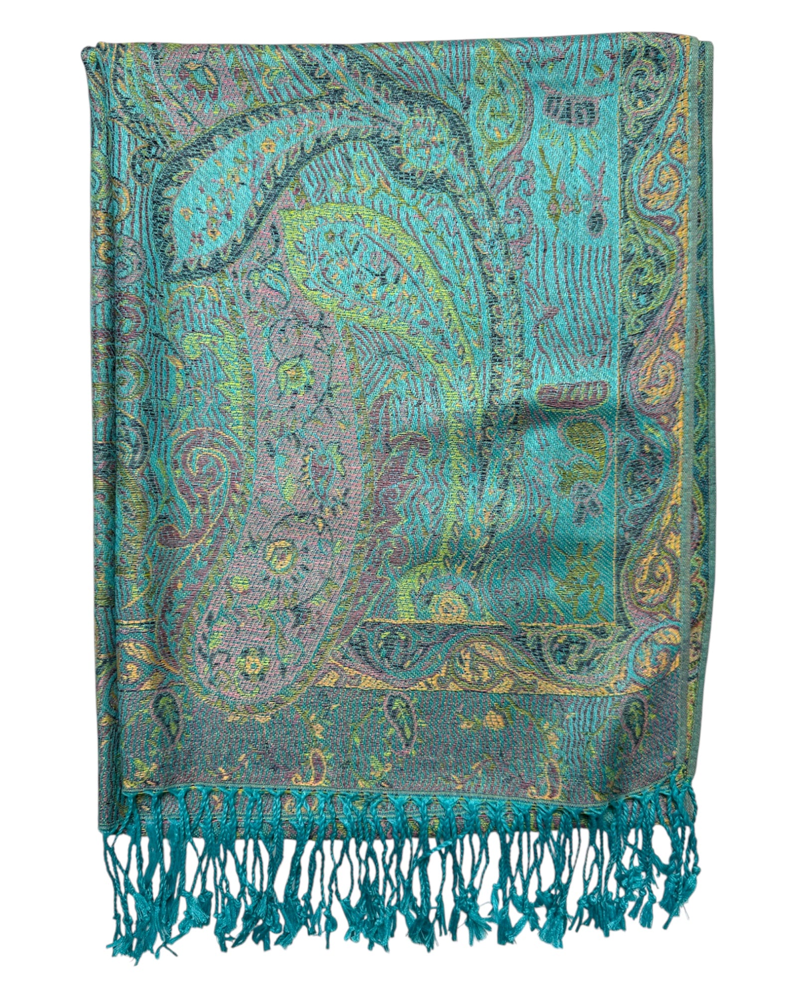 Teal and gold paisley patterned scarf with fringes on a white background