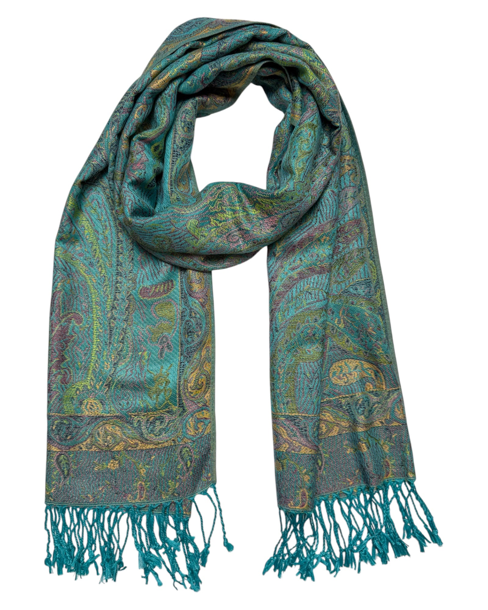 Teal patterned scarf with fringes on a white background