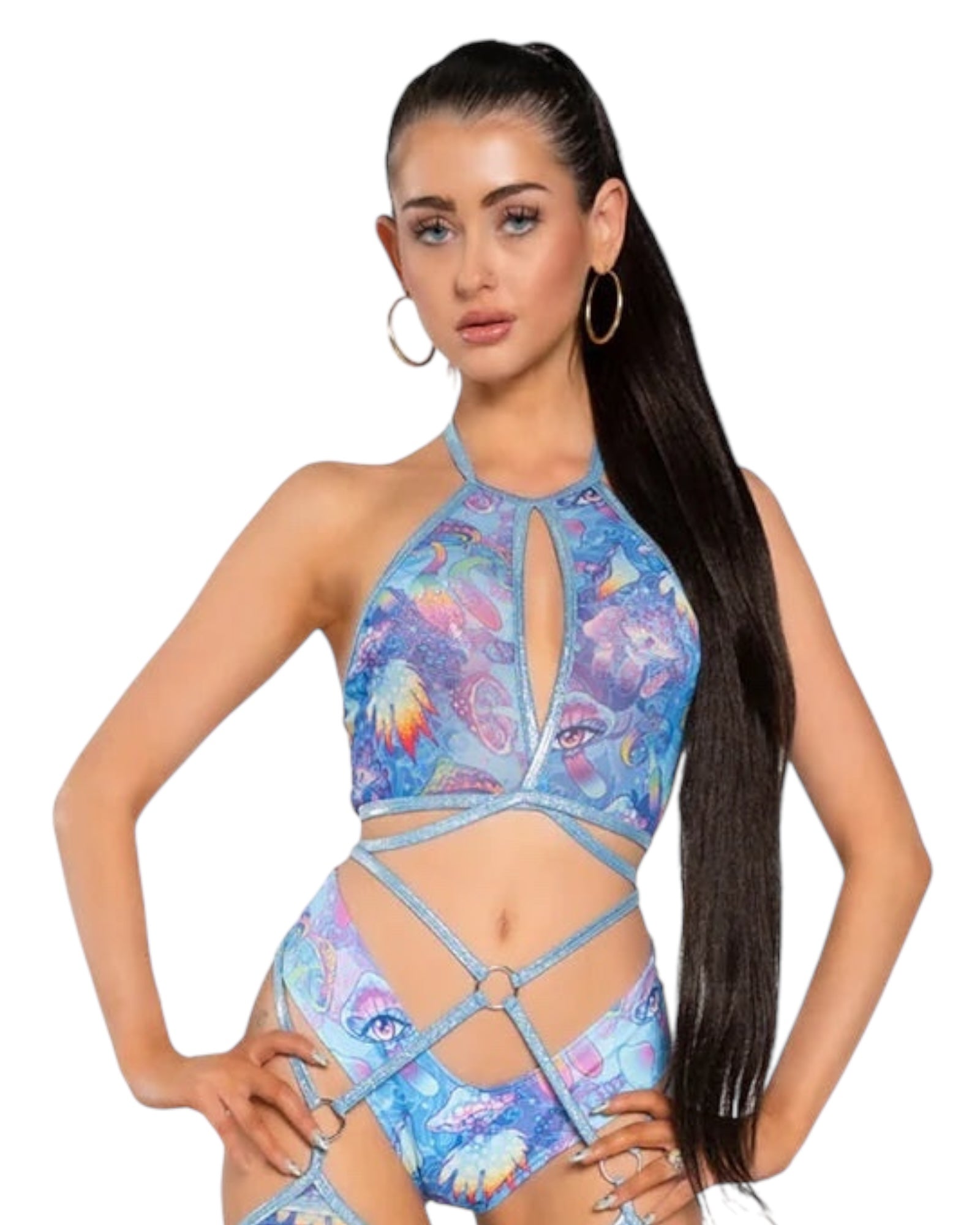 Shroomin Blue Mesh Wrap Halter Top