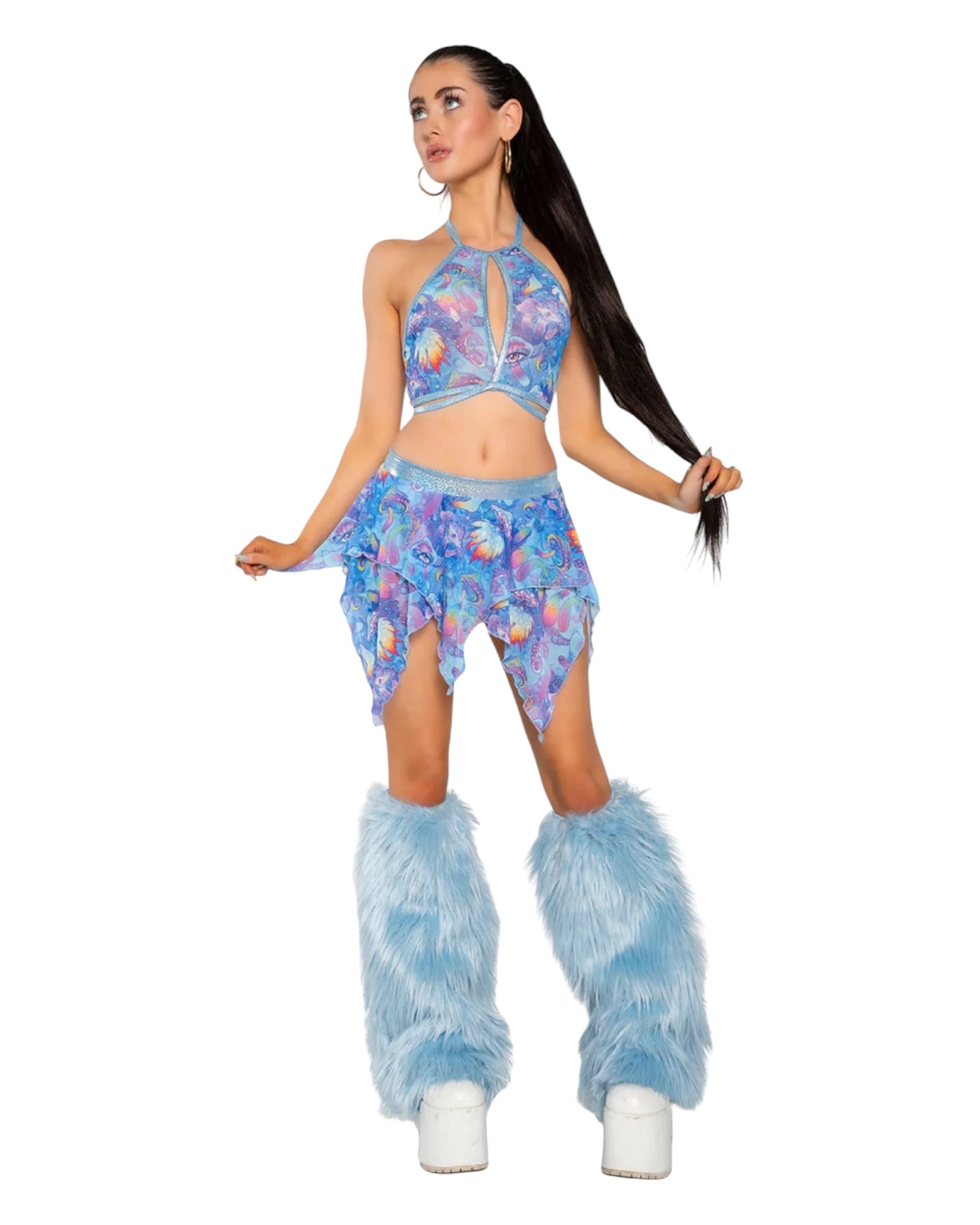 Model wearing baby blue faux fur leg warmers over white platform boots, styled with a colorful baby blue mushroom print halter top and fairy skirt set, designed for rave outfits.