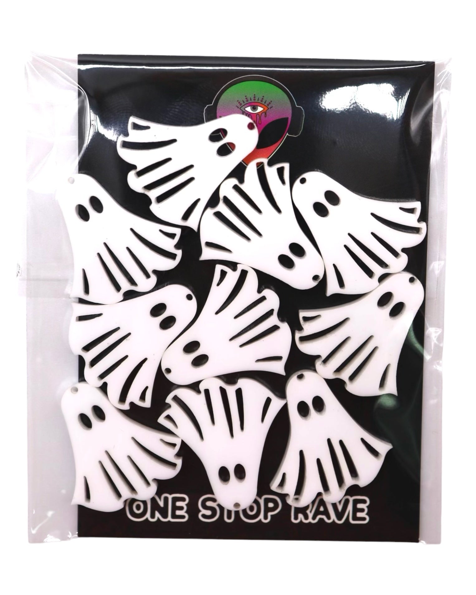 A pack of ten white acrylic charms with a ghost design, packaged in a clear plastic bag with a label.