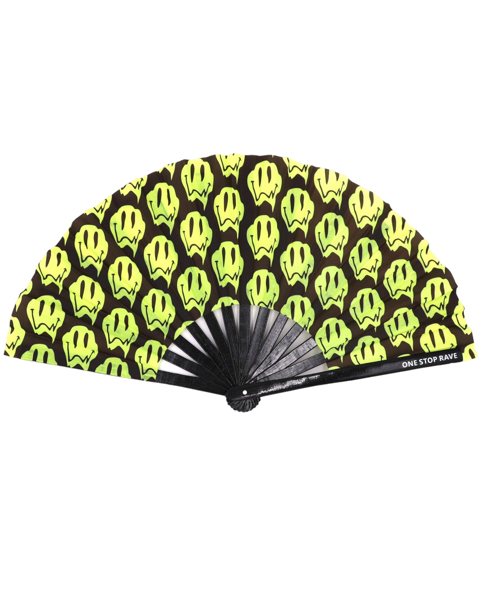 Stay Trippy hand fan neon yellow melting smiley faces black background open view