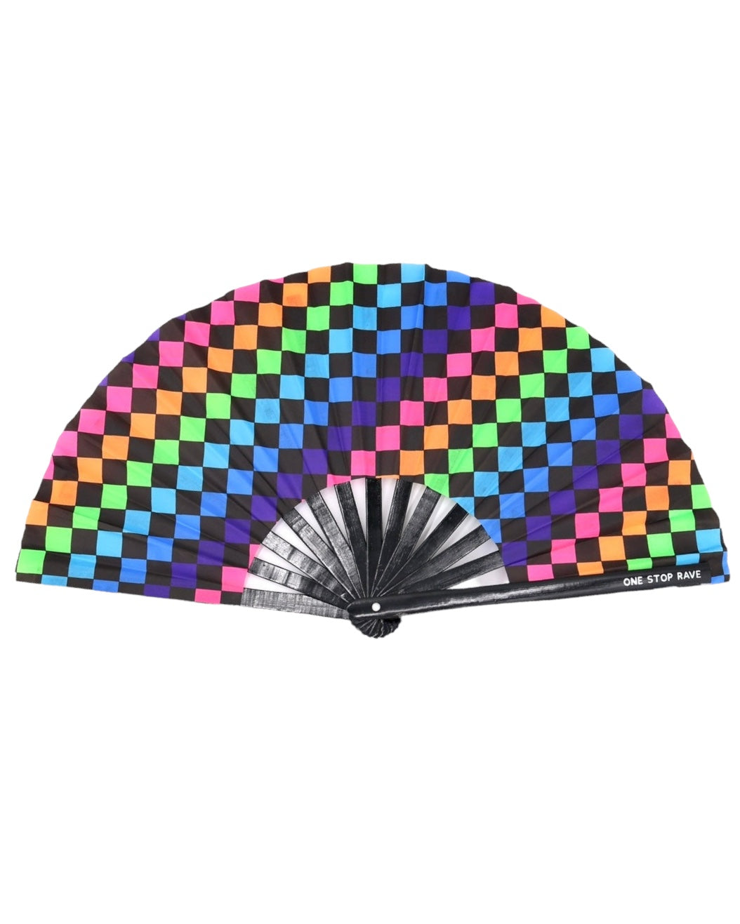 Kandi Kid UV reactive festival hand fan with colorful rainbow checkerboard pattern.