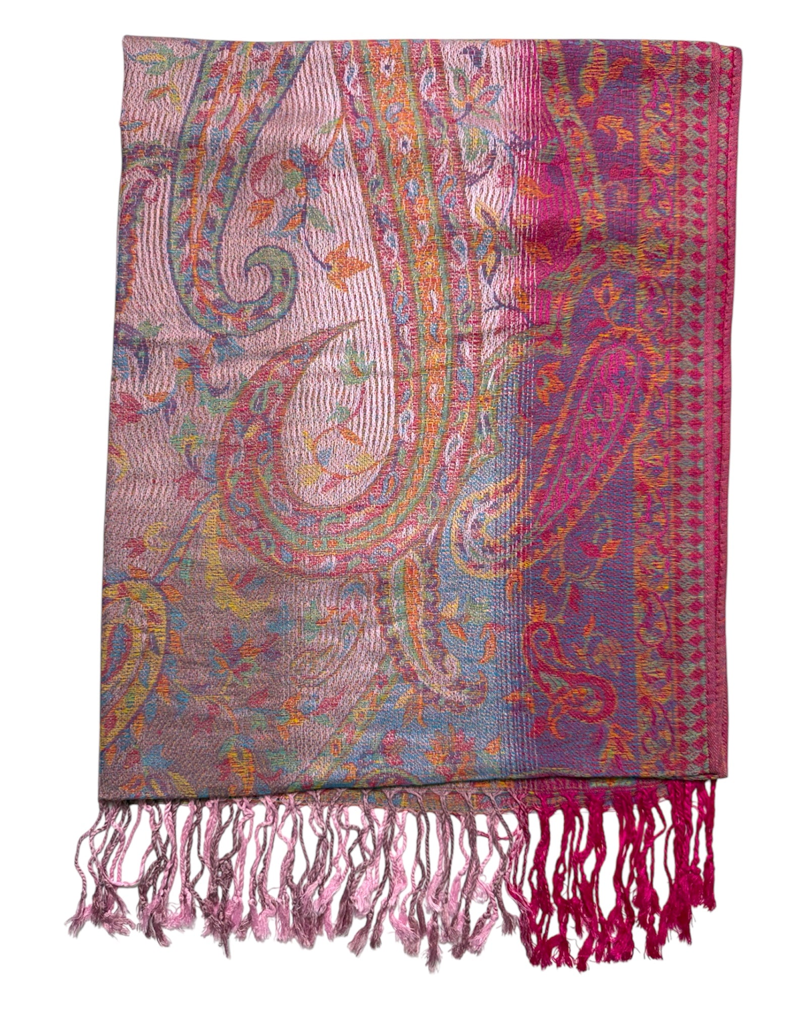 Pink patterned scarf folded in half with fringes on a white background