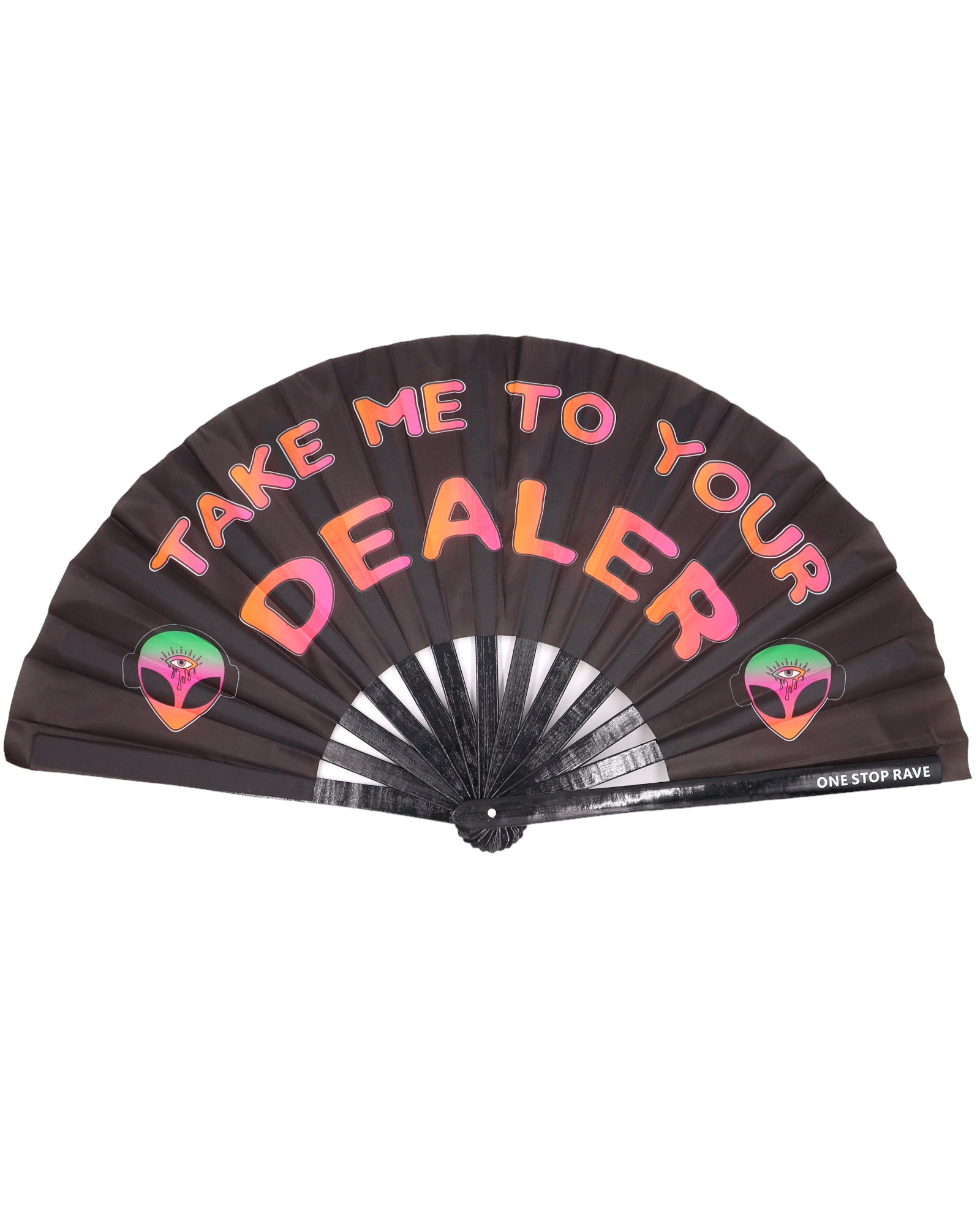 Take Me To Your Dealer hand fan dark canvas pink orange alien design open view