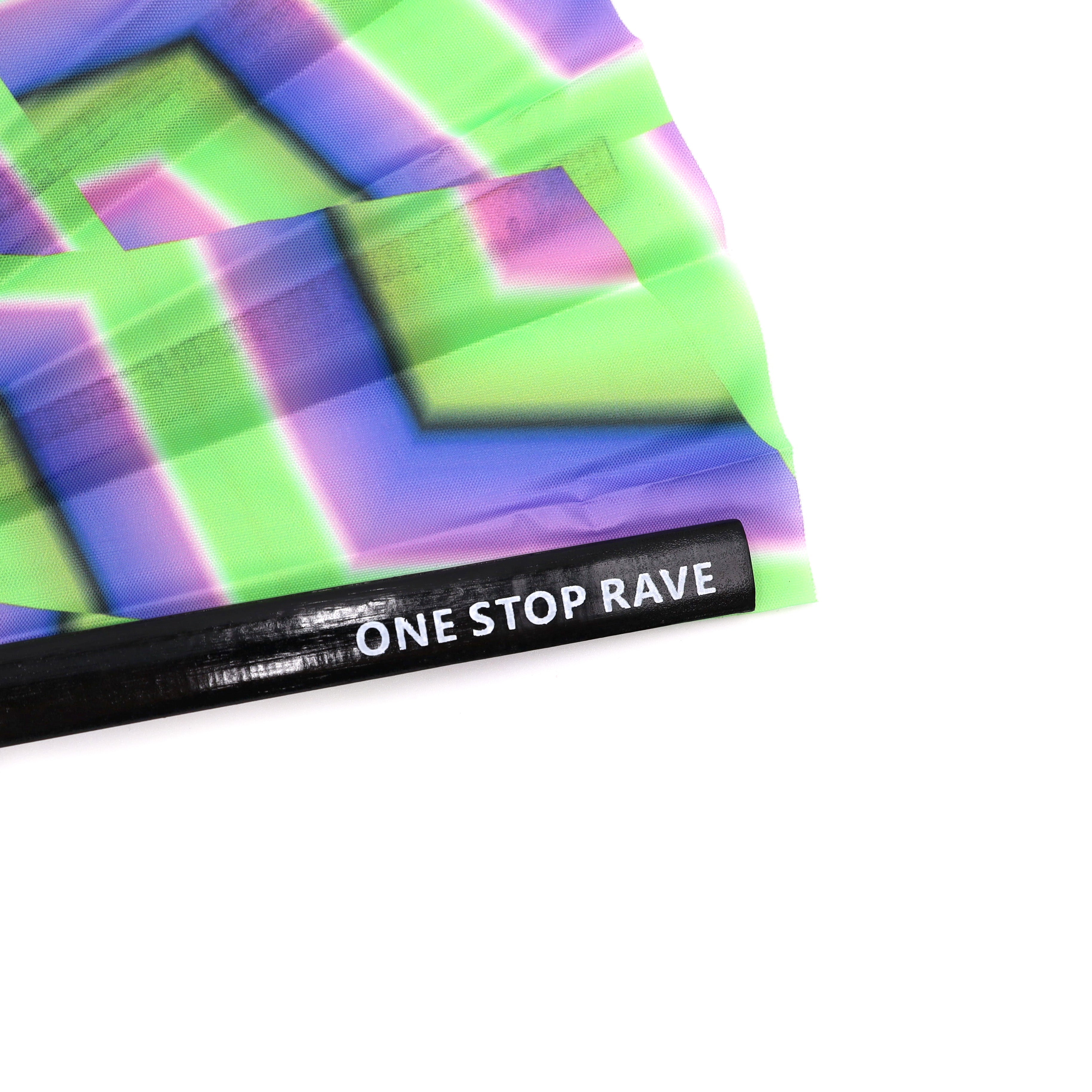 Third Eye hand fan UV-Reactive detail close up of rib with one stop raver painted