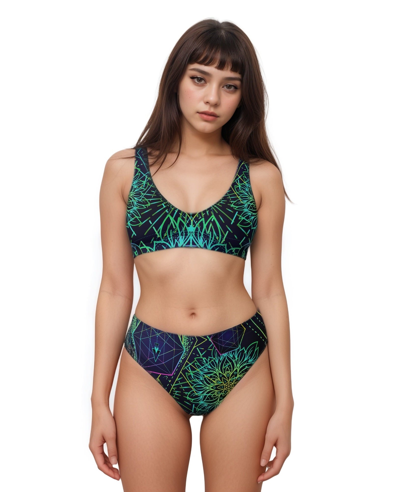 Woman wearing a colorful bikini set on a white background