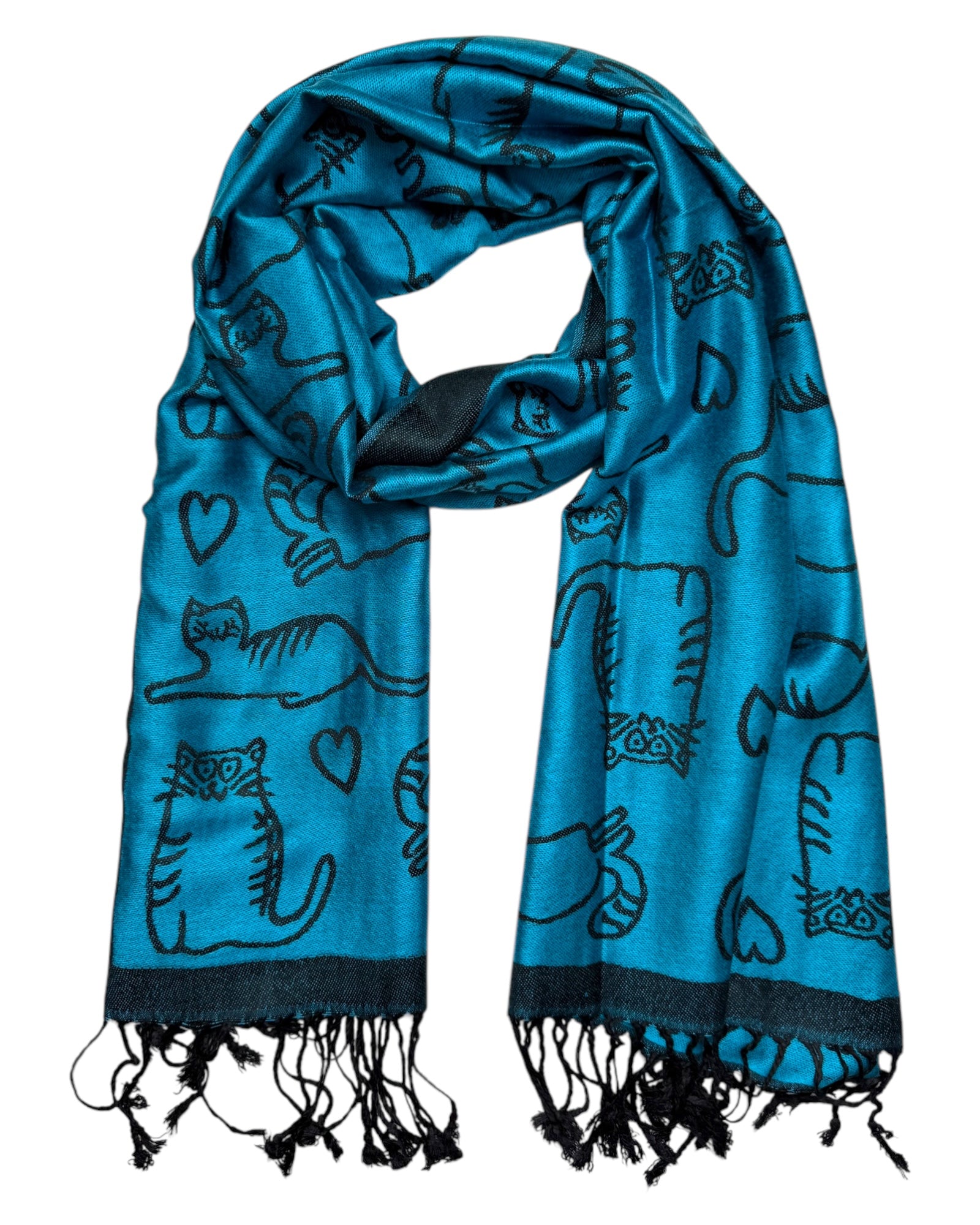 A turquoise blue pashmina scarf with black reversible side, adorned with playful cat designs, fringed ends, and a soft, draped texture.