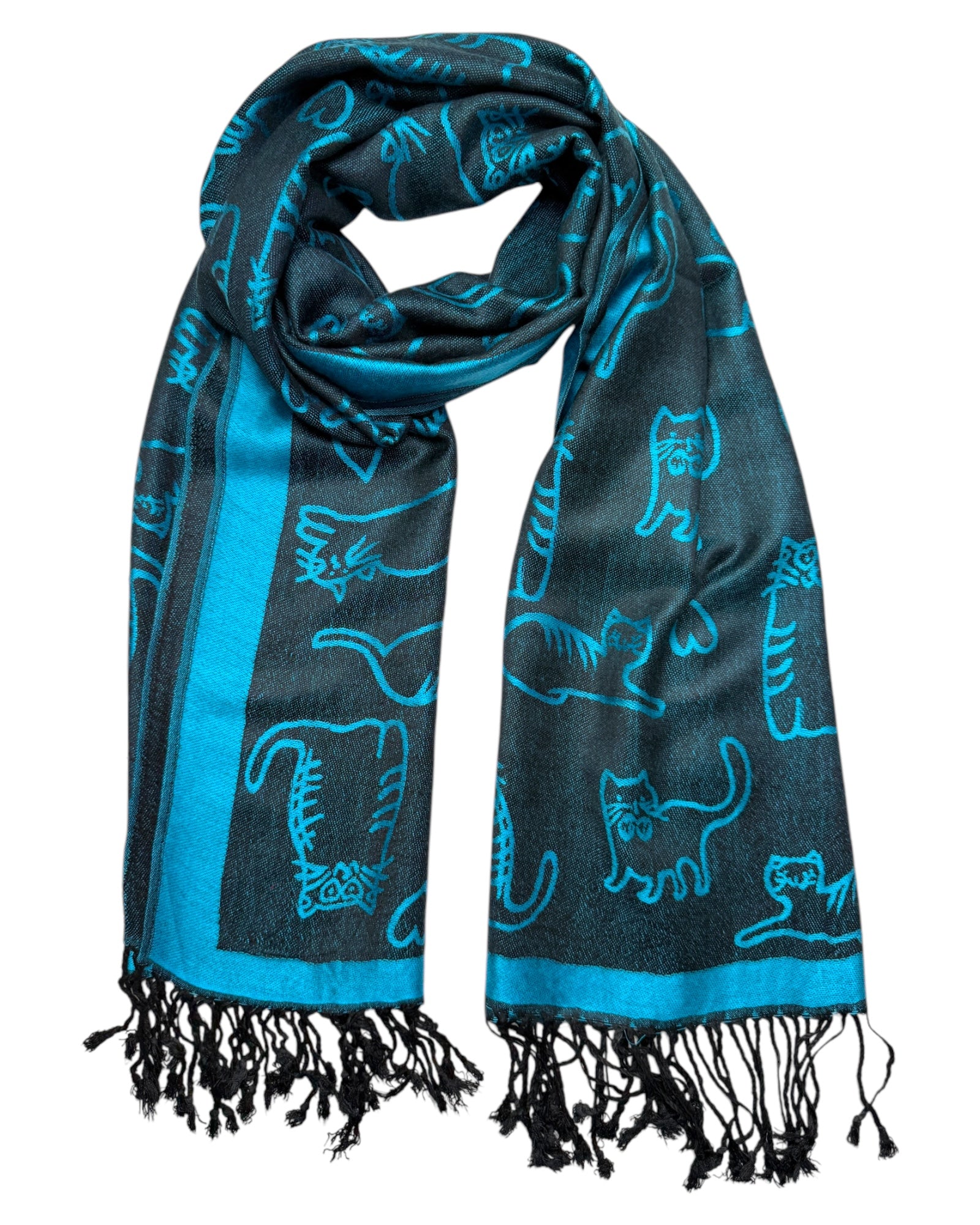 A turquoise blue pashmina scarf with black reversible side, adorned with playful cat designs, fringed ends, and a soft, draped texture.
