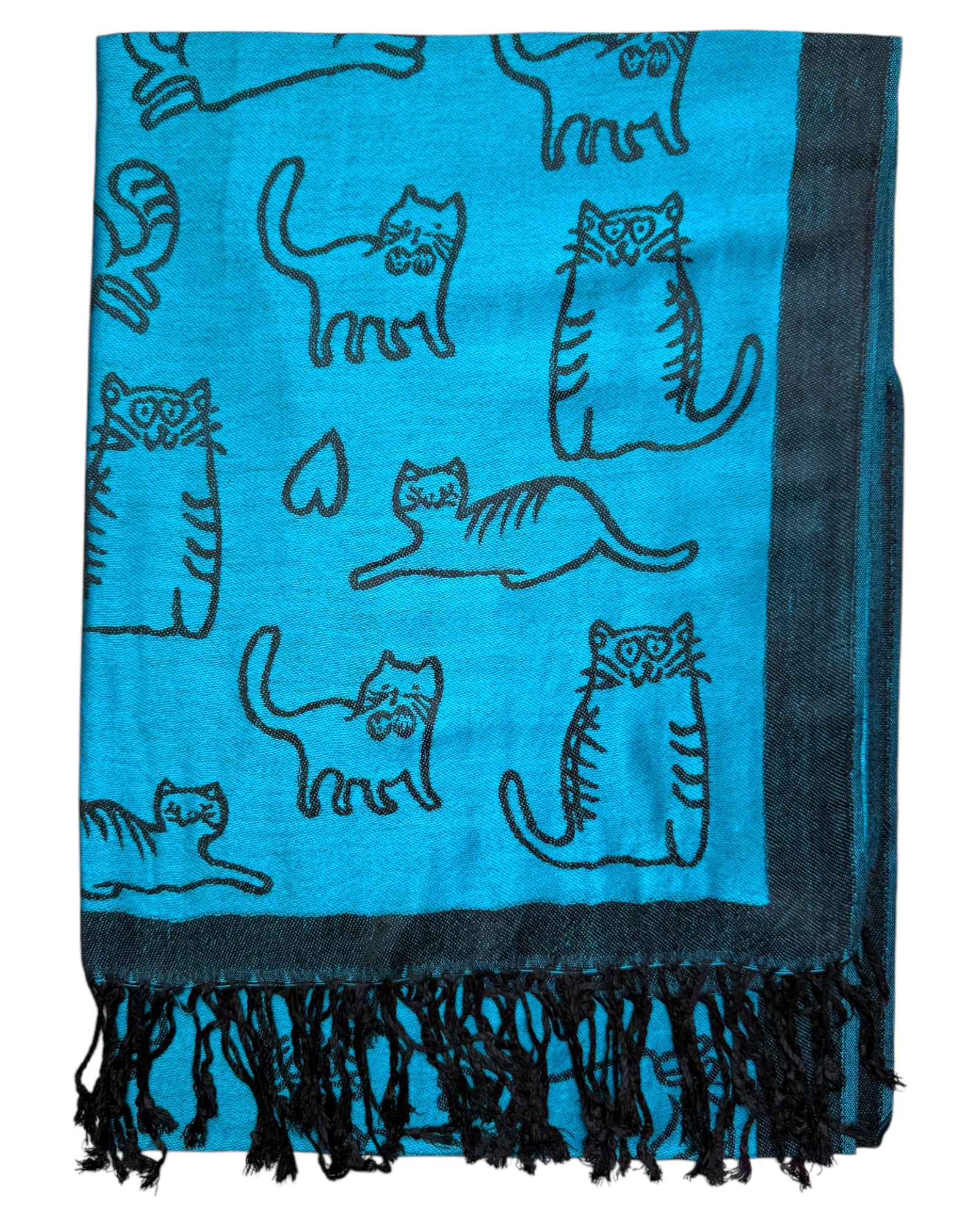 A turquoise blue pashmina scarf with black reversible side, adorned with playful cat designs, fringed ends, and a soft, draped texture.