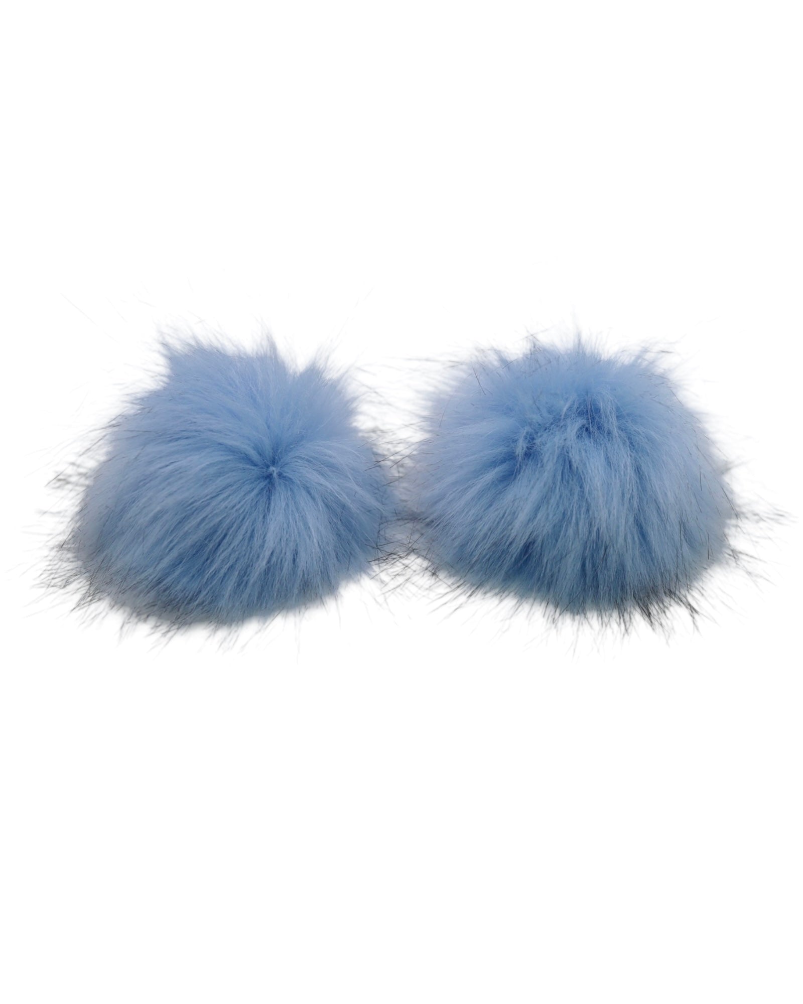 Two light blue faux fur pom-poms on a white background