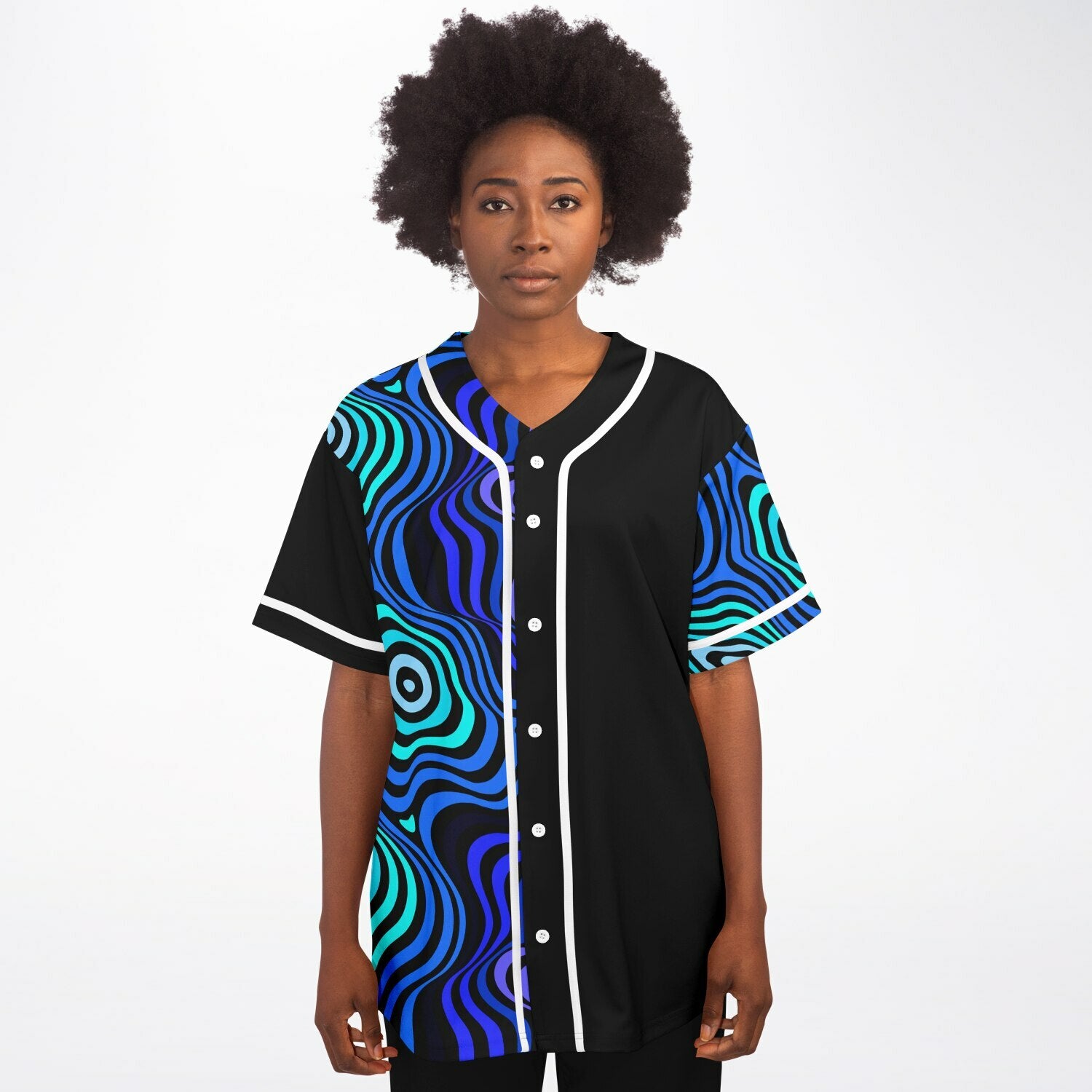 Woman wearing Wonky psychedelic rave jersey