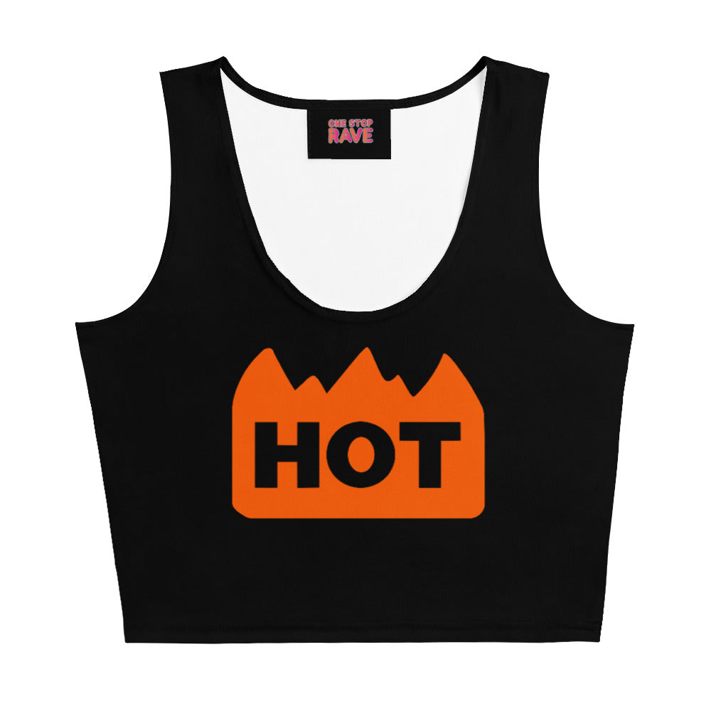 Black sleeveless crop top with an orange flame graphic and bold black "HOT" text on the front.
