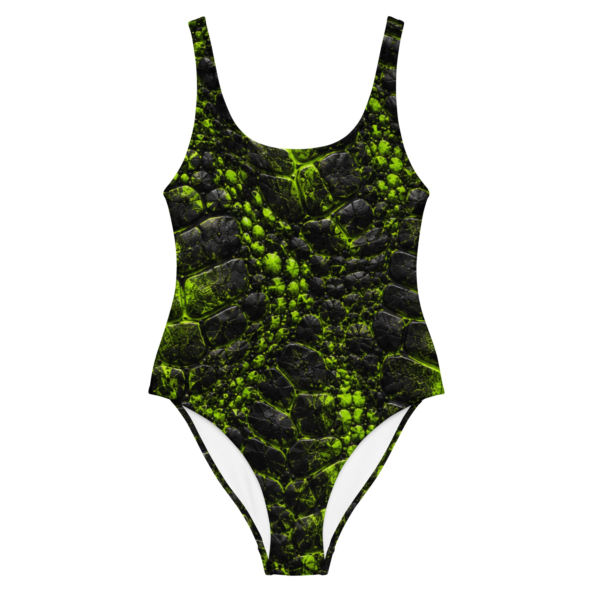 One-piece swimsuit with black and neon green cracked, reptilian-textured print and scoop neckline.