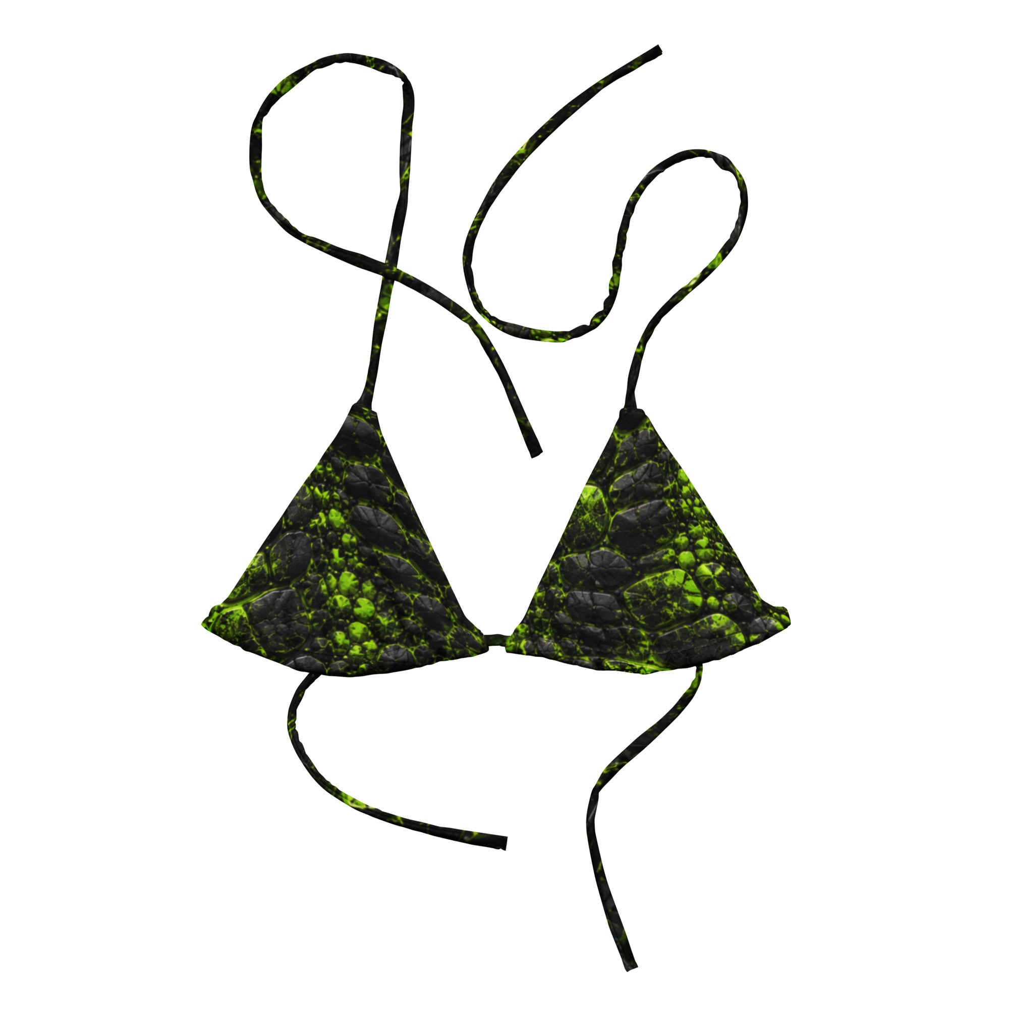 Black and neon green triangle bikini top with a prehistoric cracked texture print, laid flat showing ties.