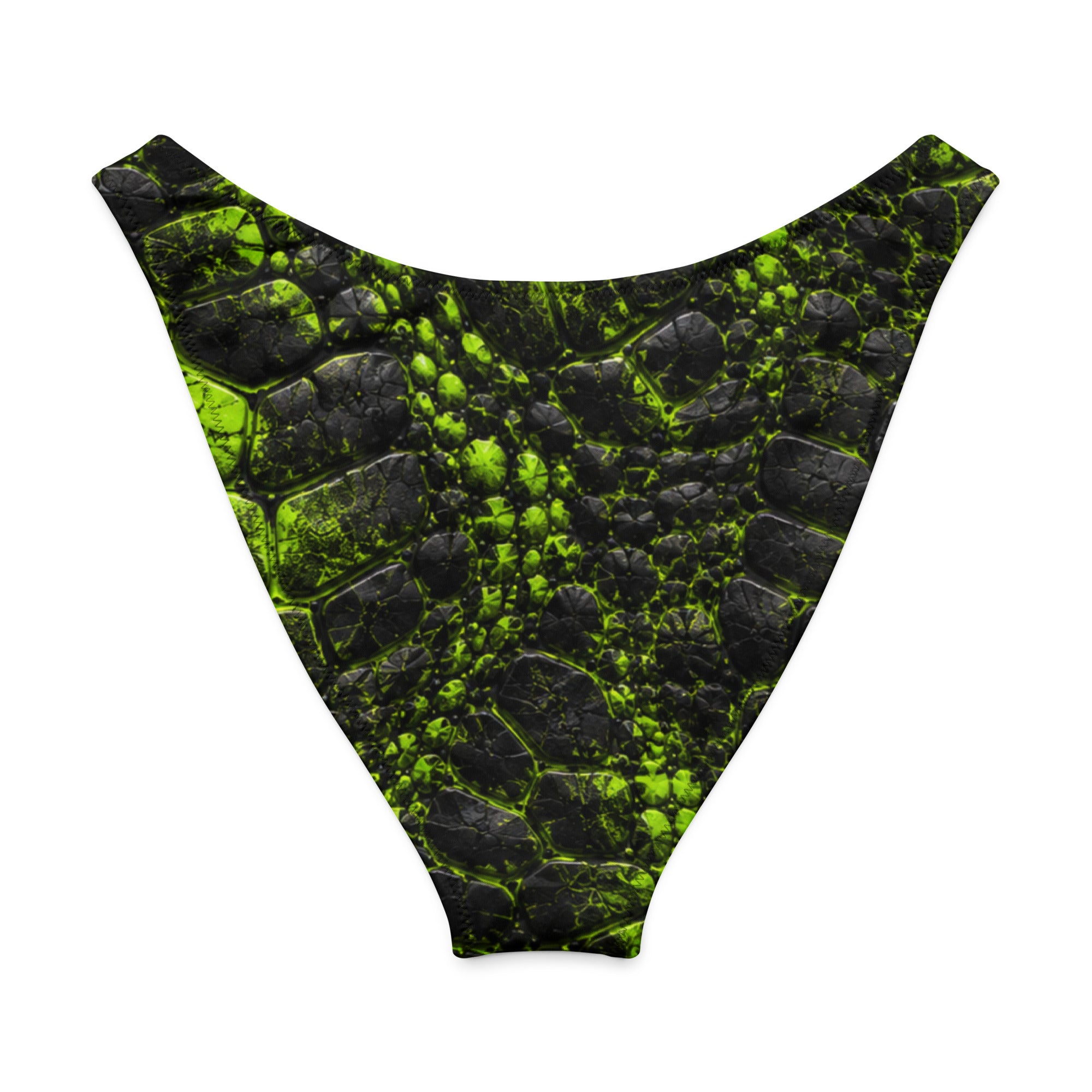 Black and neon green V-cut bikini bottom with a prehistoric cracked, scale-like texture.