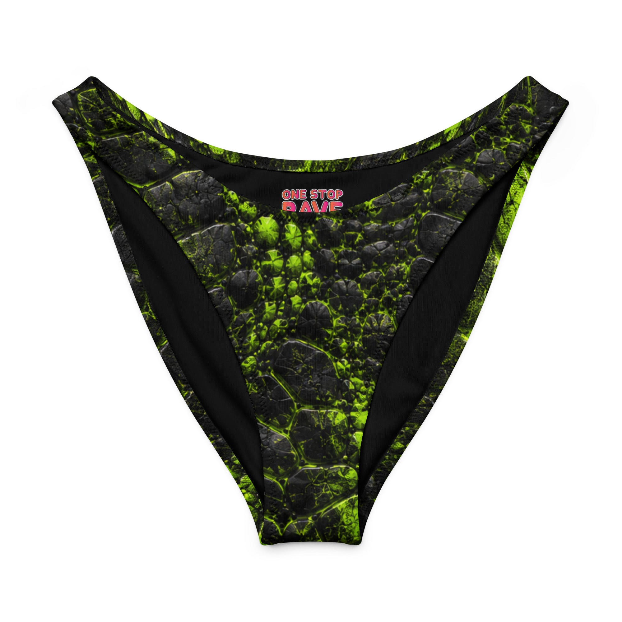 Black bikini bottom with neon green and black cracked prehistoric-texture print and side cutouts, flat lay view.