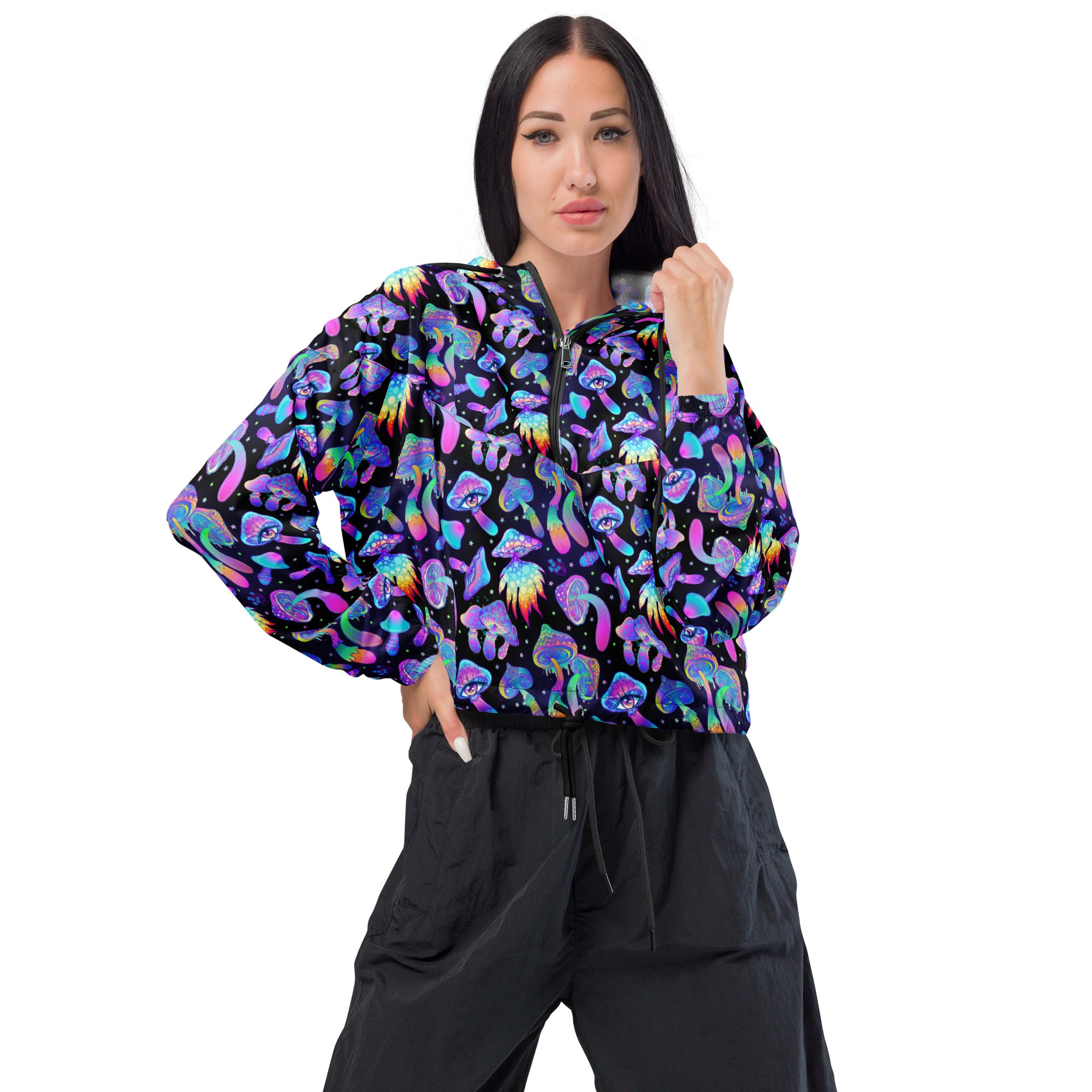 Shroomin Black Cropped Windbreaker, , - One Stop Rave