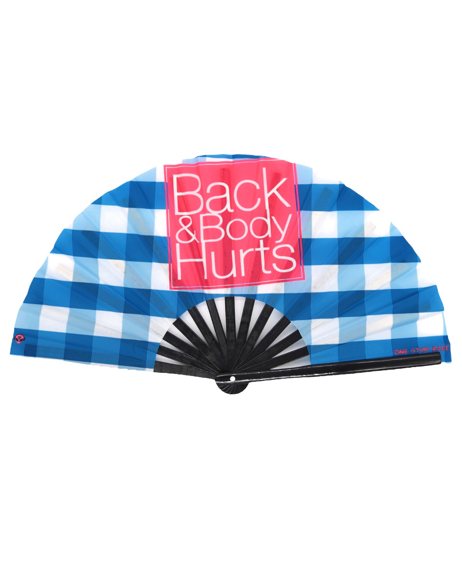 Back and Body Hurts festival hand fan with blue plaid design.