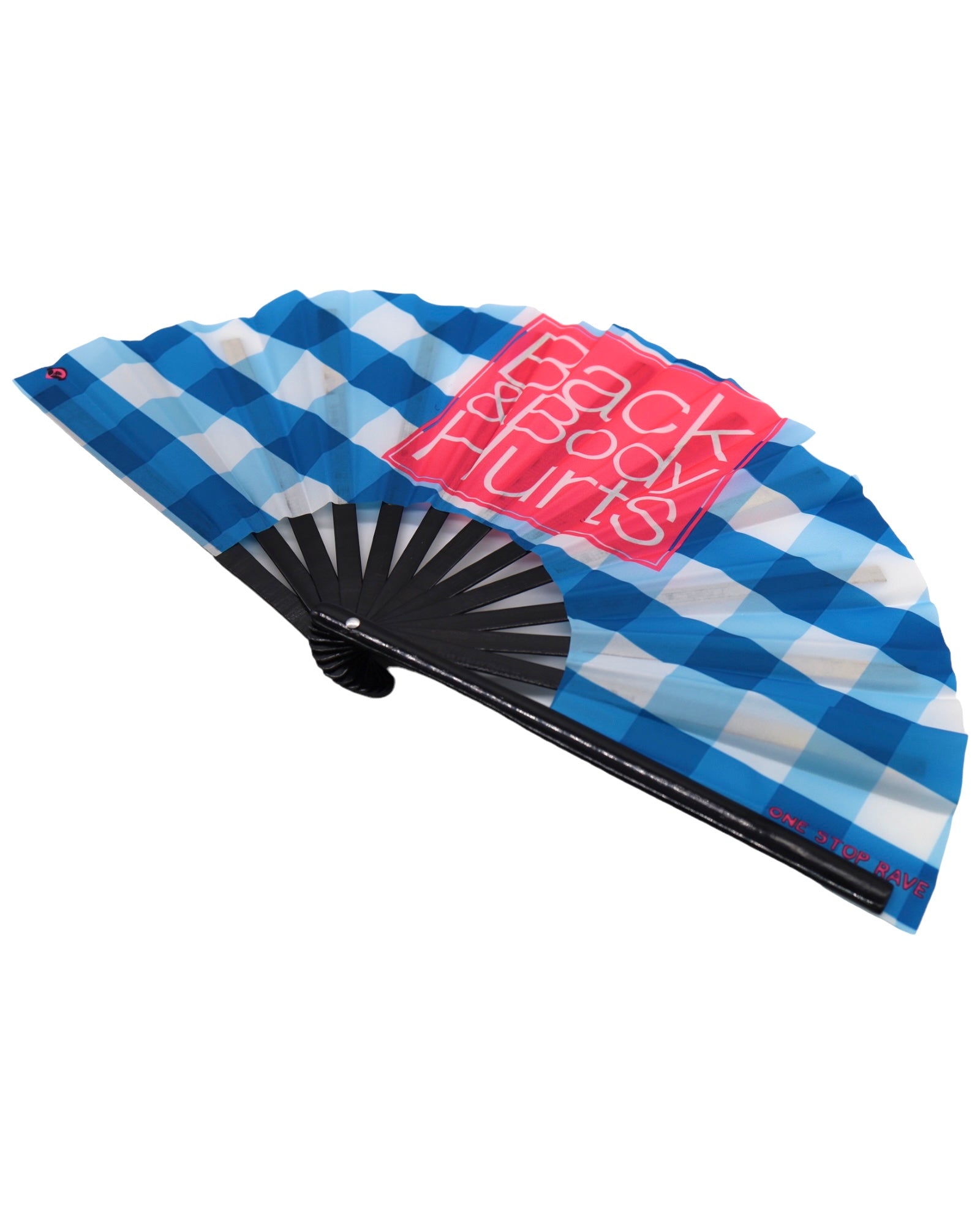 Angled view of the Back and Body Hurts festival hand fan