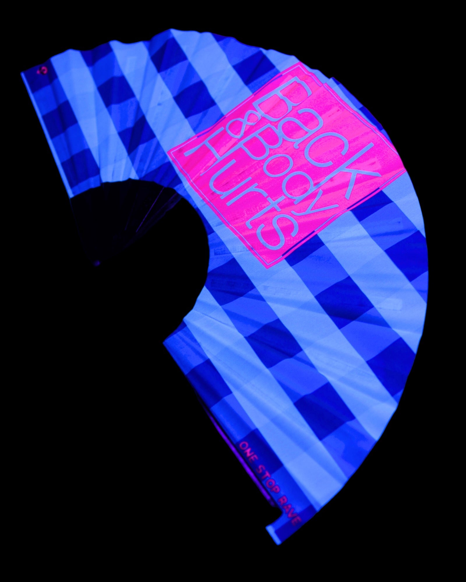 UV reactive Back and Body Hurts festival hand fan under black light