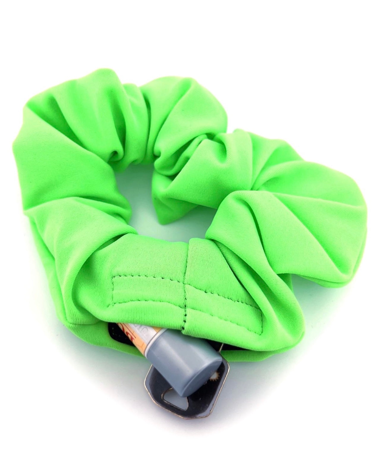 Neon Green Stashie with Hidden Pocket – A bold neon green stash scrunchie featuring a secure 2-inch Velcro® pocket, ideal for festivals, concerts, and everyday convenience.