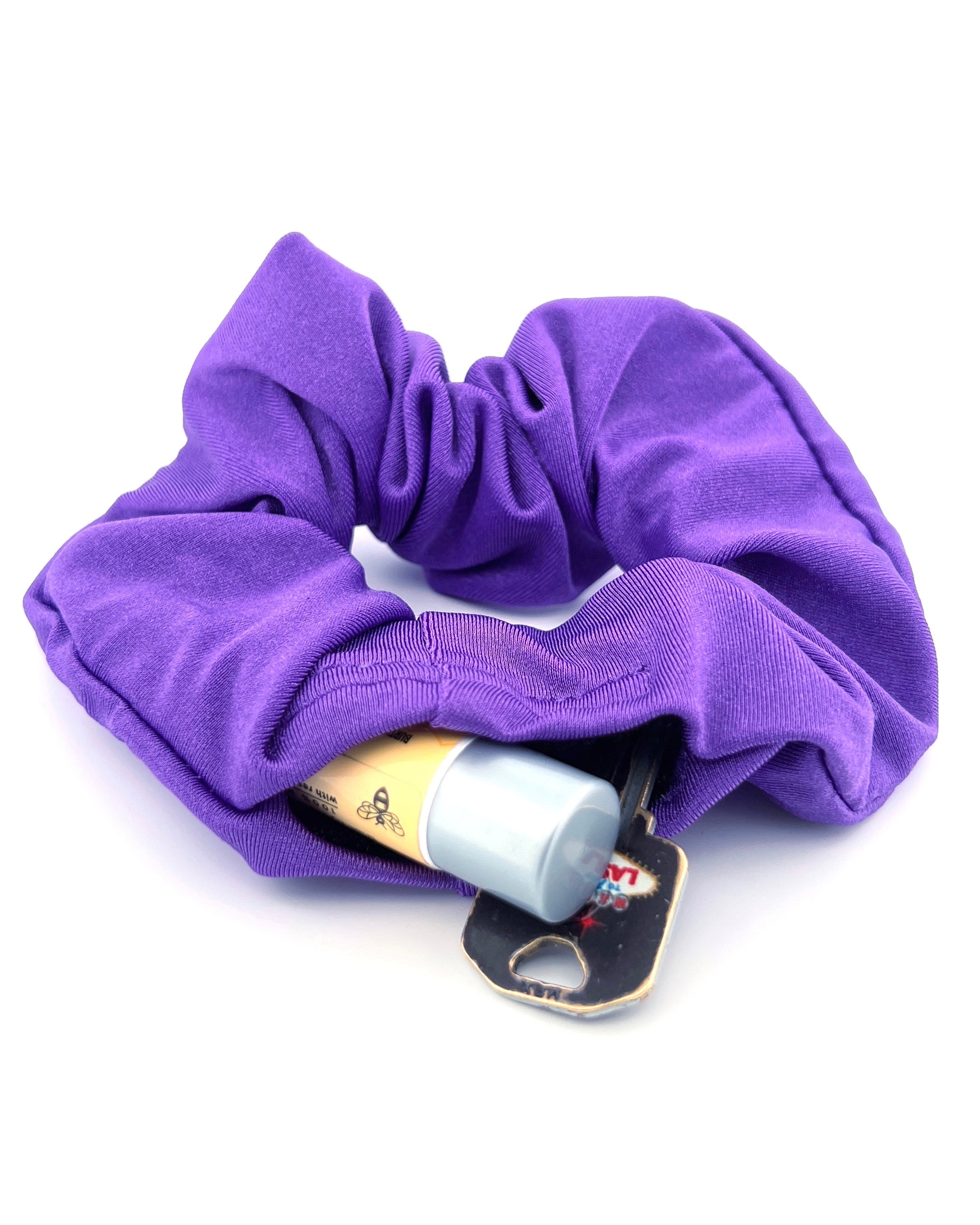 Purple Stashie with Hidden Pocket – A rich purple stash scrunchie with a hidden 2-inch Velcro® pocket, perfect for discreetly storing small personal items while staying stylish.