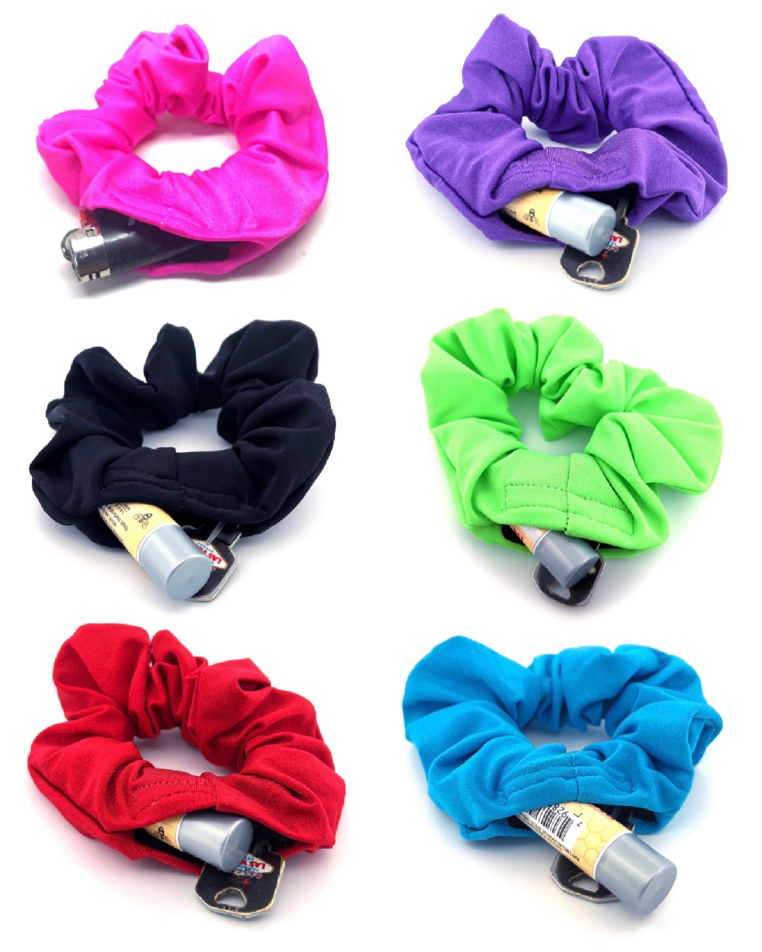 Assorted Stashies with Hidden Pockets – A collection of six colorful stash scrunchies, including hot pink, purple, black, neon green, red, and blue, each featuring a hidden 2-inch Velcro® pocket for discreet storage.