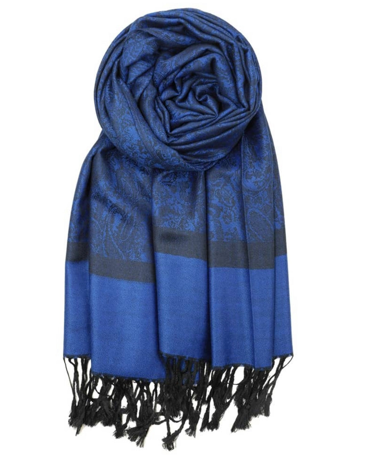 A blue and black paisley pattern pashmina with fringes, displayed in a wrapped style.