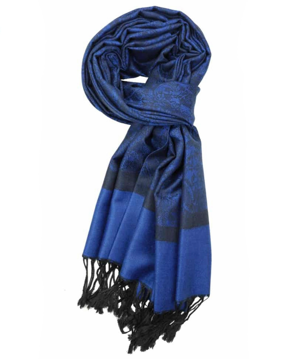 A blue and black paisley pattern pashmina with fringes, displayed in a wrapped style.