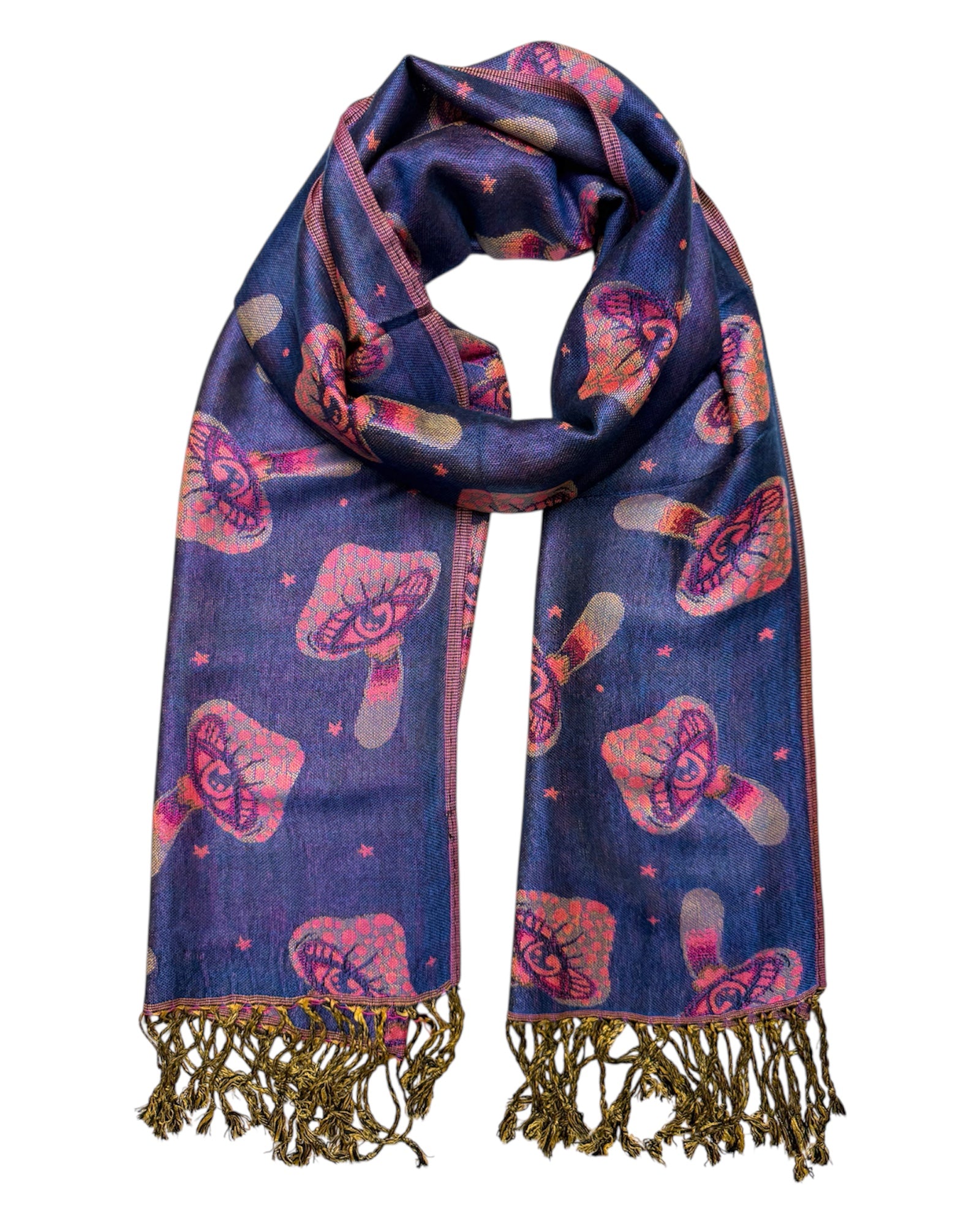 Blue and pink reversible pashmina with blue and pink mushroom eyes with fringe on a white background.