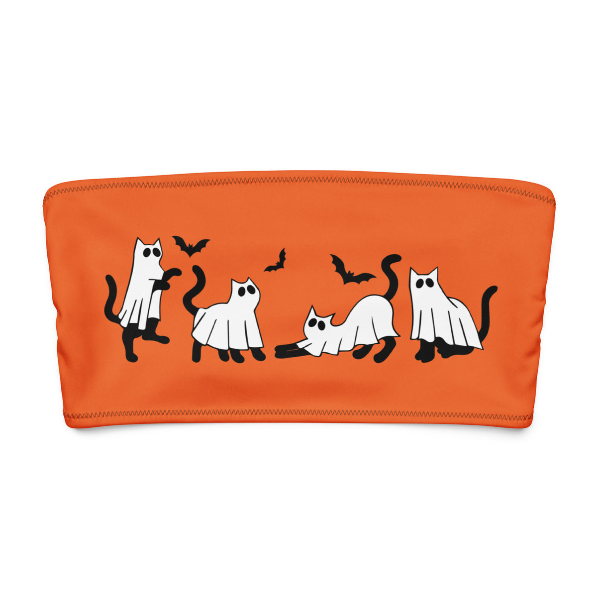 Front of the orange bandeau bikini top featuring ghost cats and black bats