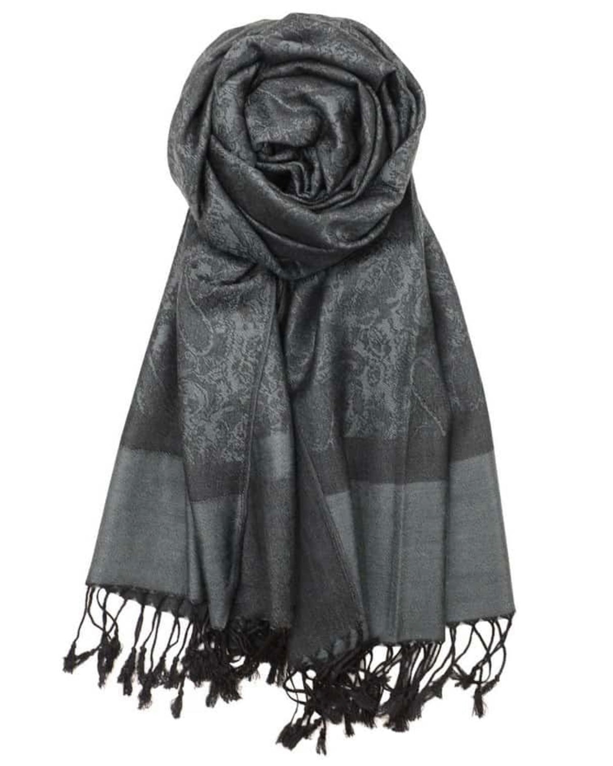 A charcoal gray pashmina with an all paisley pattern, draped around a virtual mannequin with fringes visible on the sides.