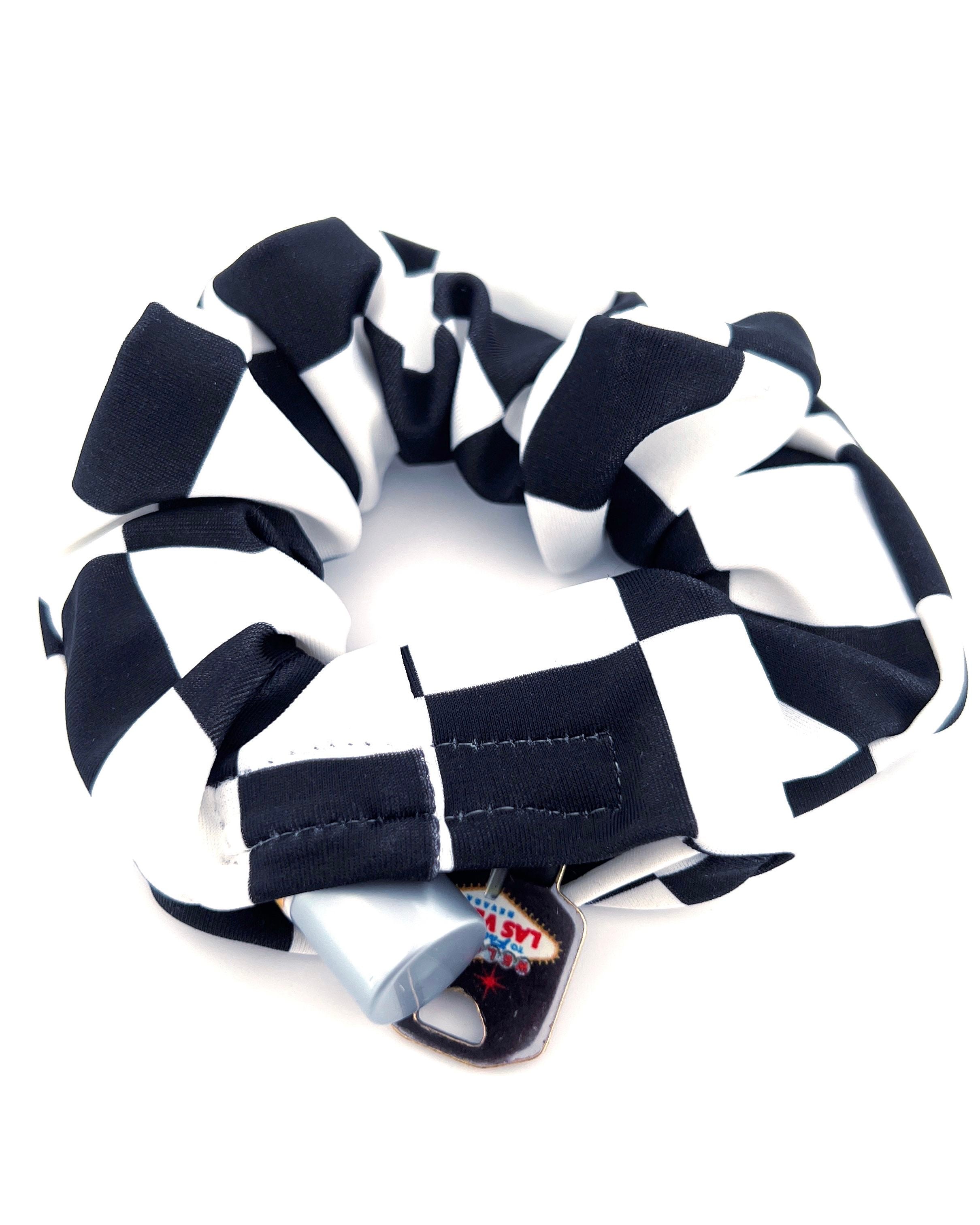 Black and White Checkered Stash Scrunchie with velcro hidden pocket.