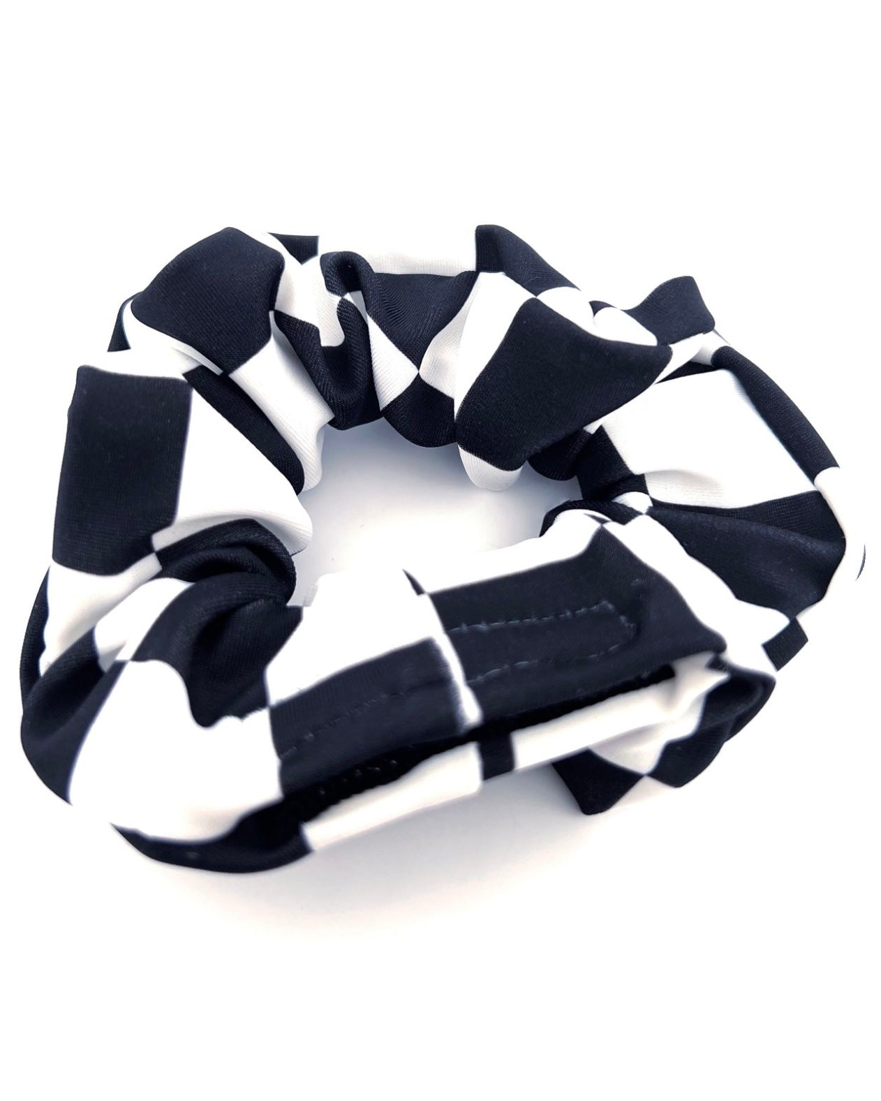 Black and White Checkered Stash Scrunchie with velcro hidden pocket.