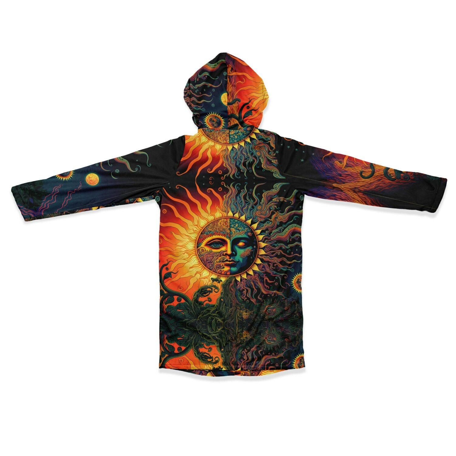 Back of Apollo zipper cloak with sun and flame design on a white background