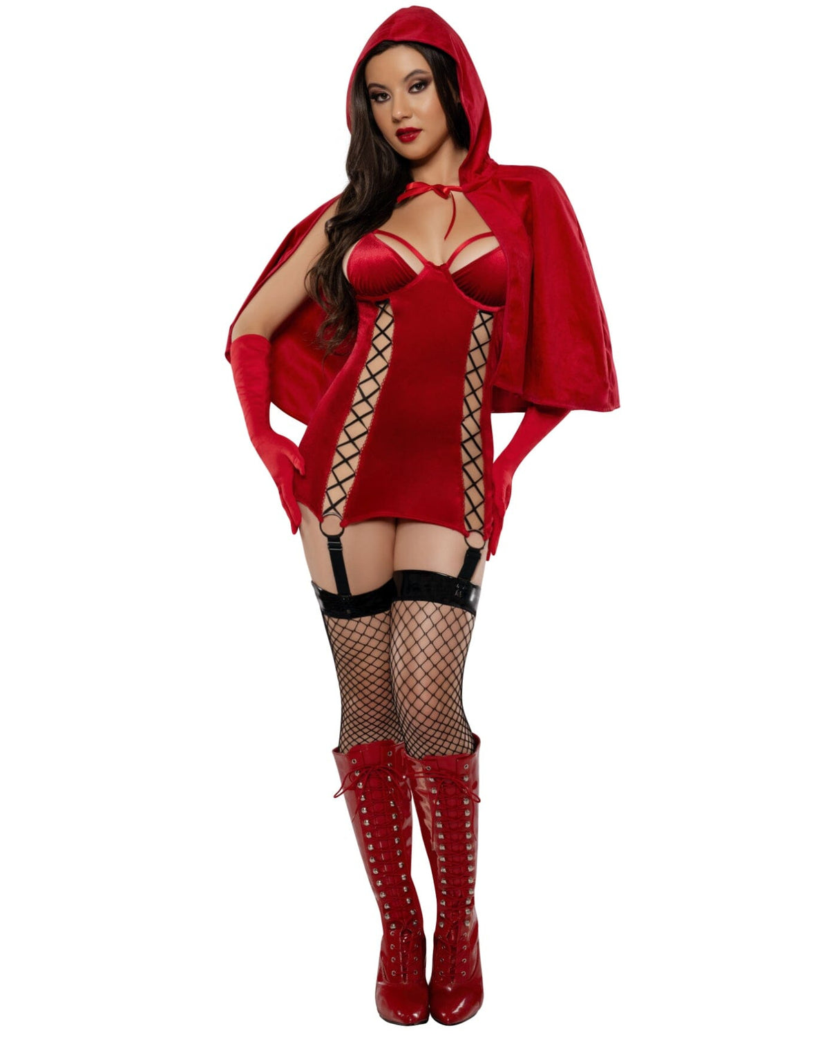 Red costume with hood, top, stockings, and boots on a white background
