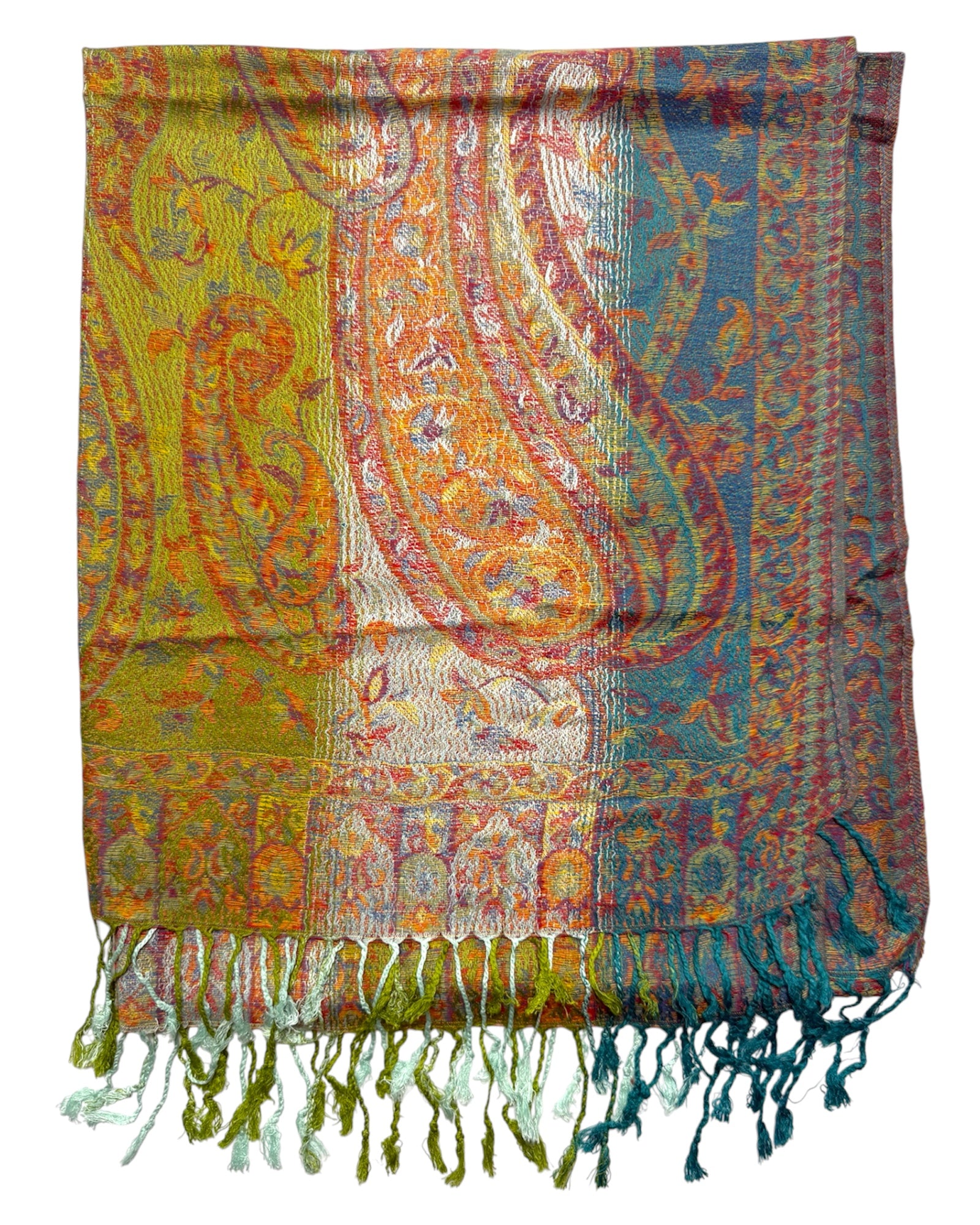 Colorful paisley patterned scarf with fringes on a white background
